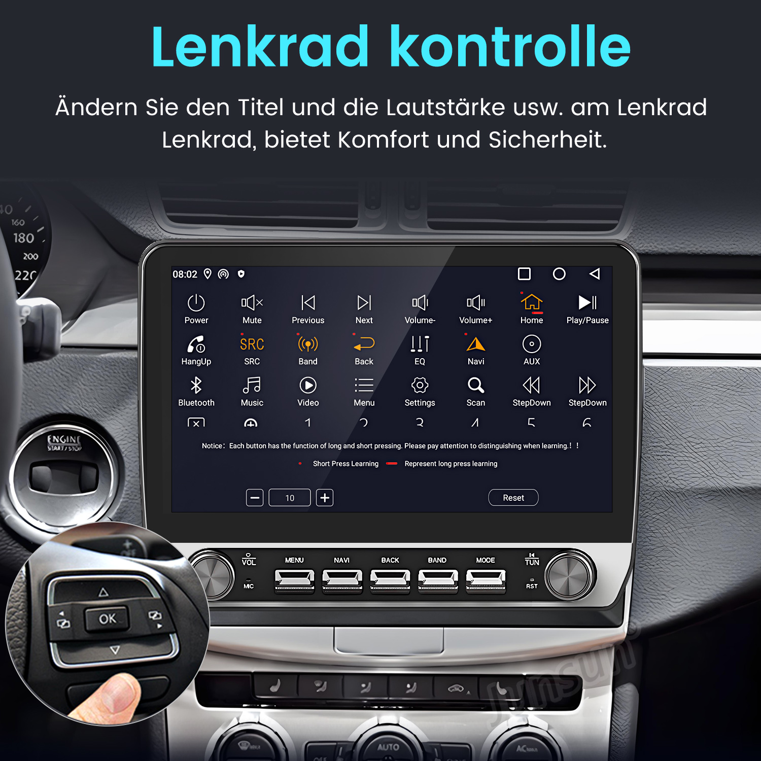 Ein Auto-Infotainmentsystem mit Lenkradsteuerung und Touchscreen-Menüs.