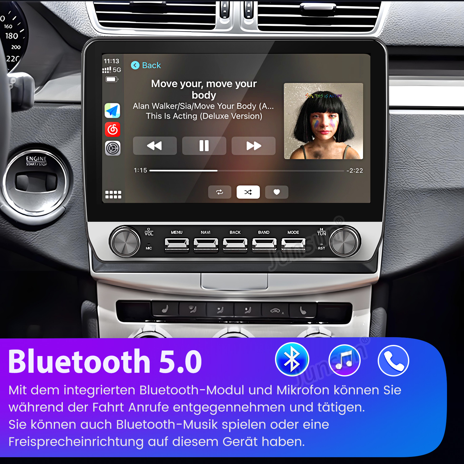 Auto-Infotainmentsystem spielt Musik mit Sia-Cover. Untertitel: Bluetooth 5.0.