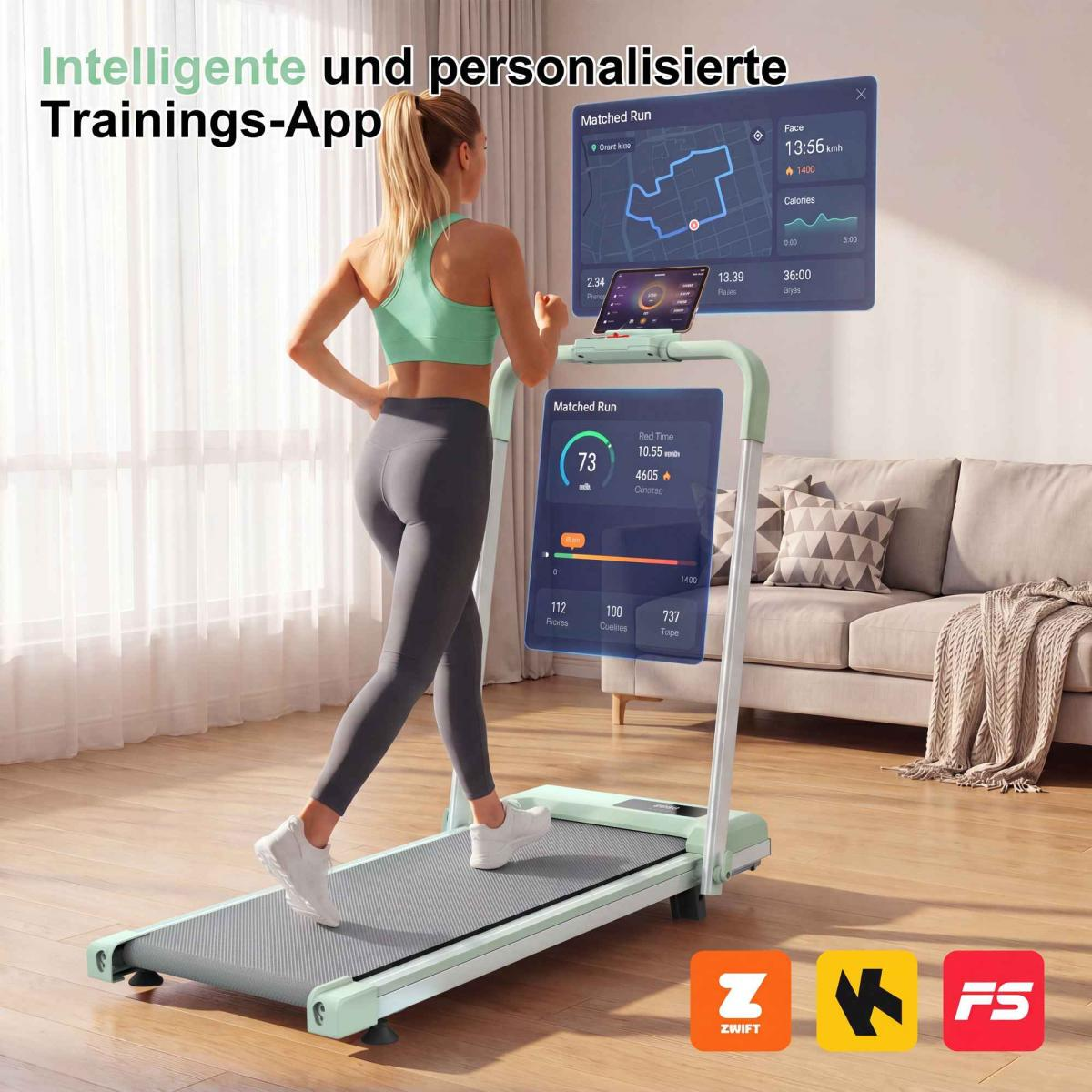 Eine Frau läuft auf einem Laufband, das mit einem Bildschirm verbunden ist, der Trainingsdaten anzeigt.