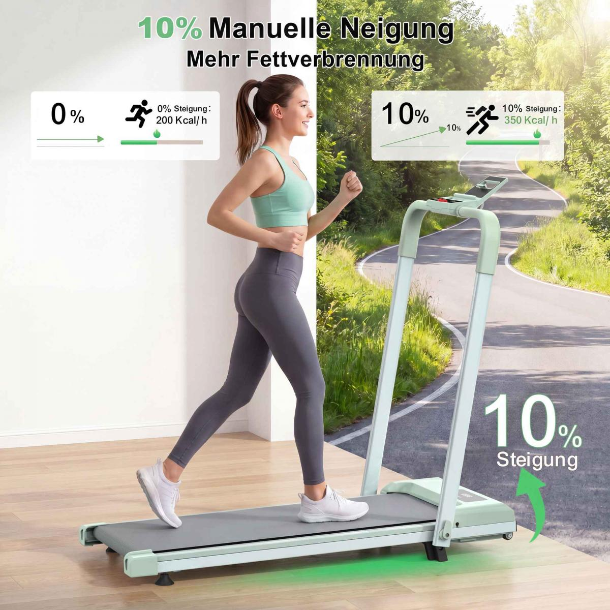 Frau läuft auf Laufband mit Steigungsanzeige 0% und 10%.