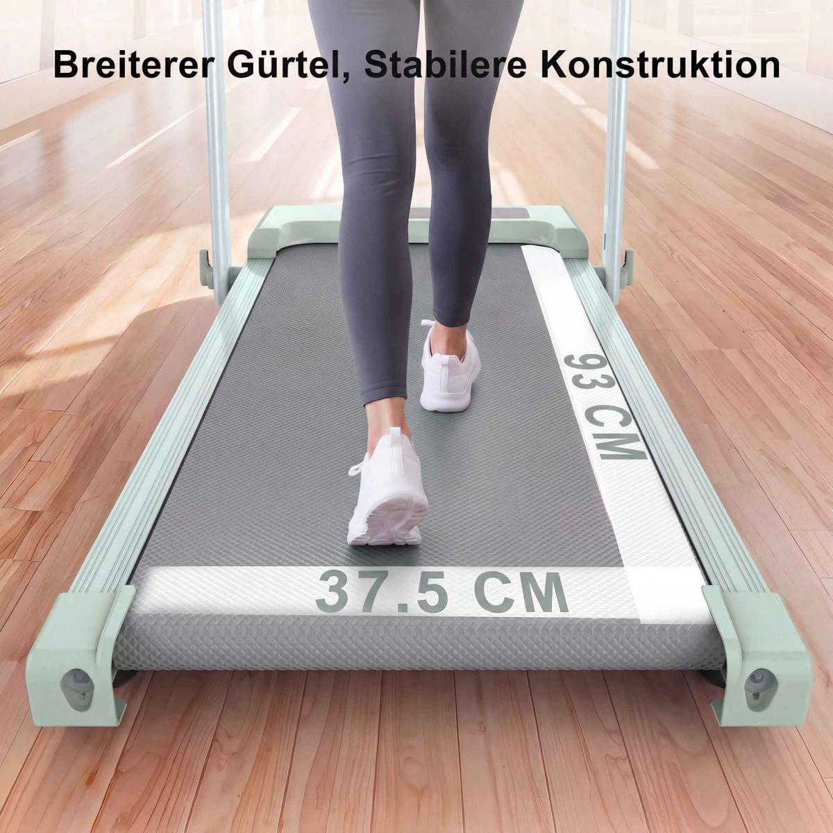 Eine Person geht auf einem Laufband mit breitem Gürtel und stabiler Konstruktion.