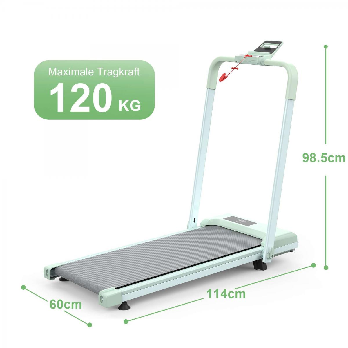 Ein Laufband mit maximaler Tragkraft von 120 kg, 114 cm lang, 60 cm breit und 98,5 cm hoch.