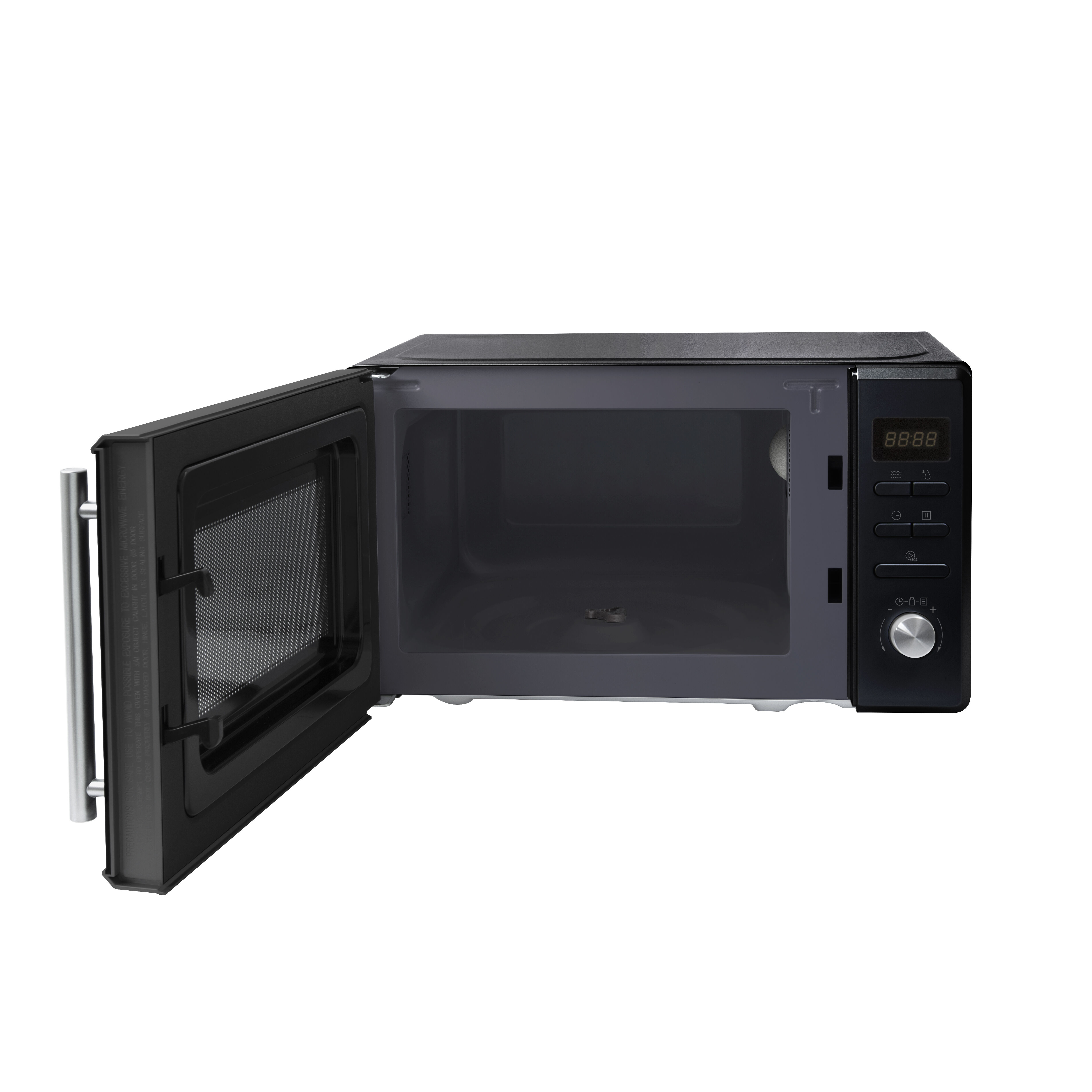A black microwave oven with its door open and a digital display.