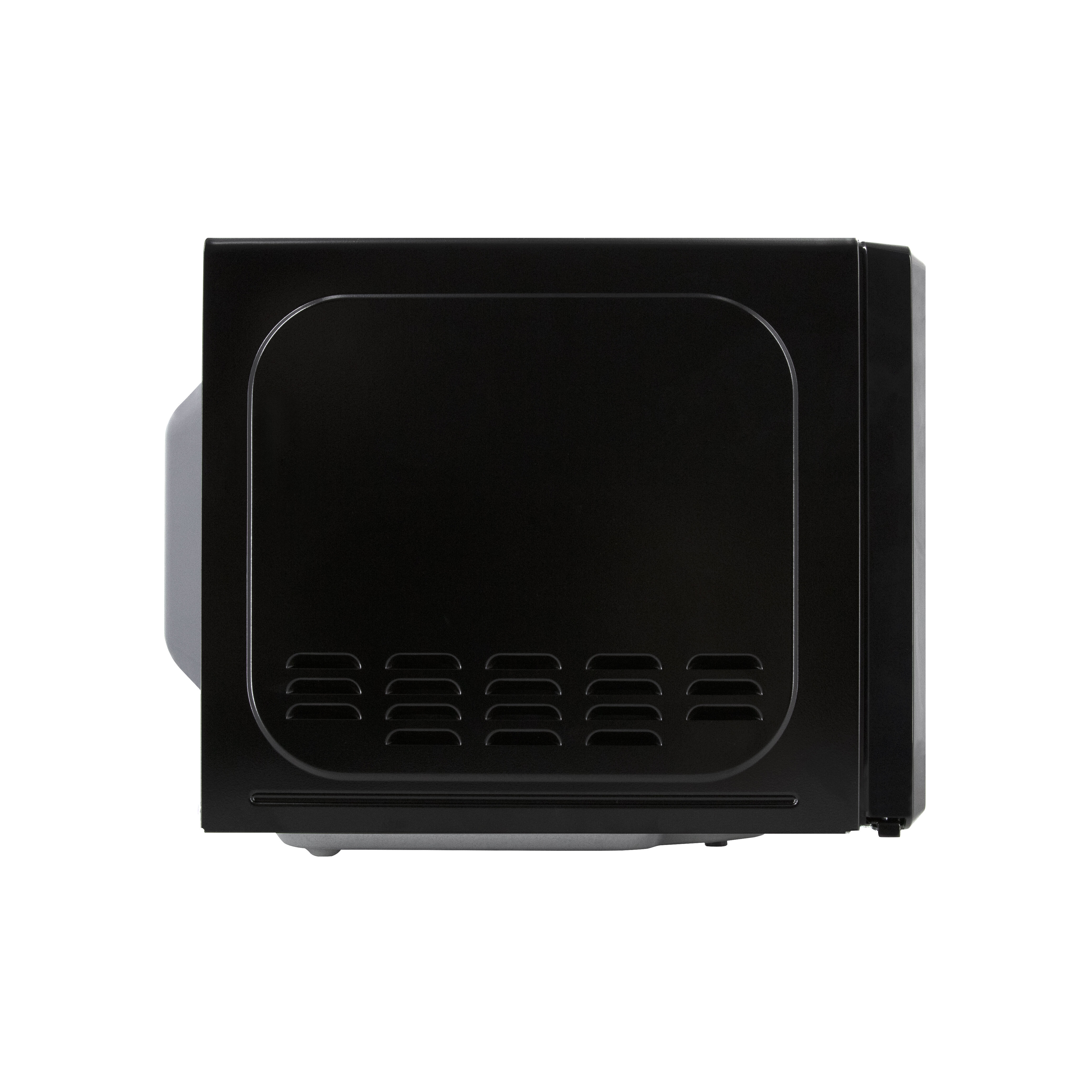 Black microwave oven from the side, showing ventilation slits.