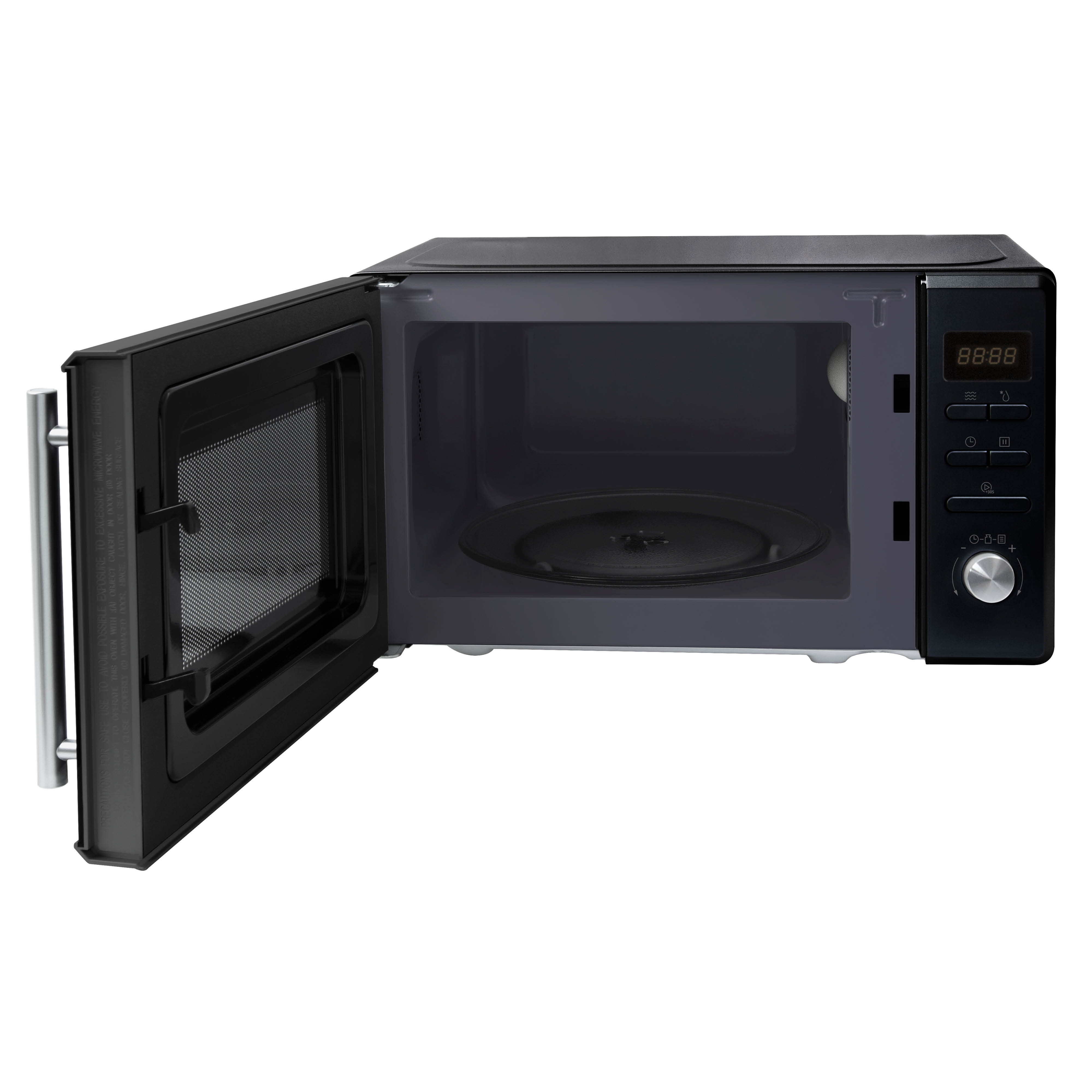 Black microwave with open door, turntable, and control panel.
