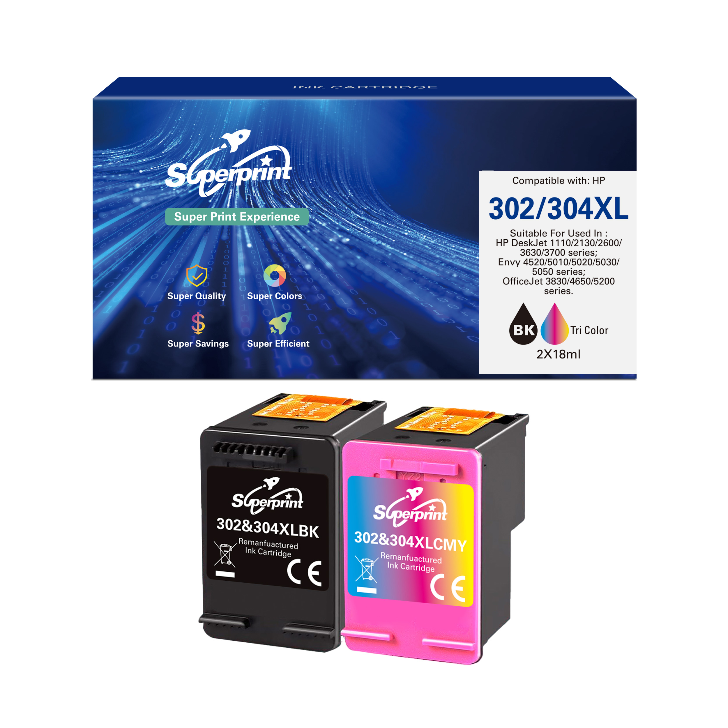 Scatola cartucce inchiostro Superprint 302/304XL, compatibili HP. Due cartucce mostrate.