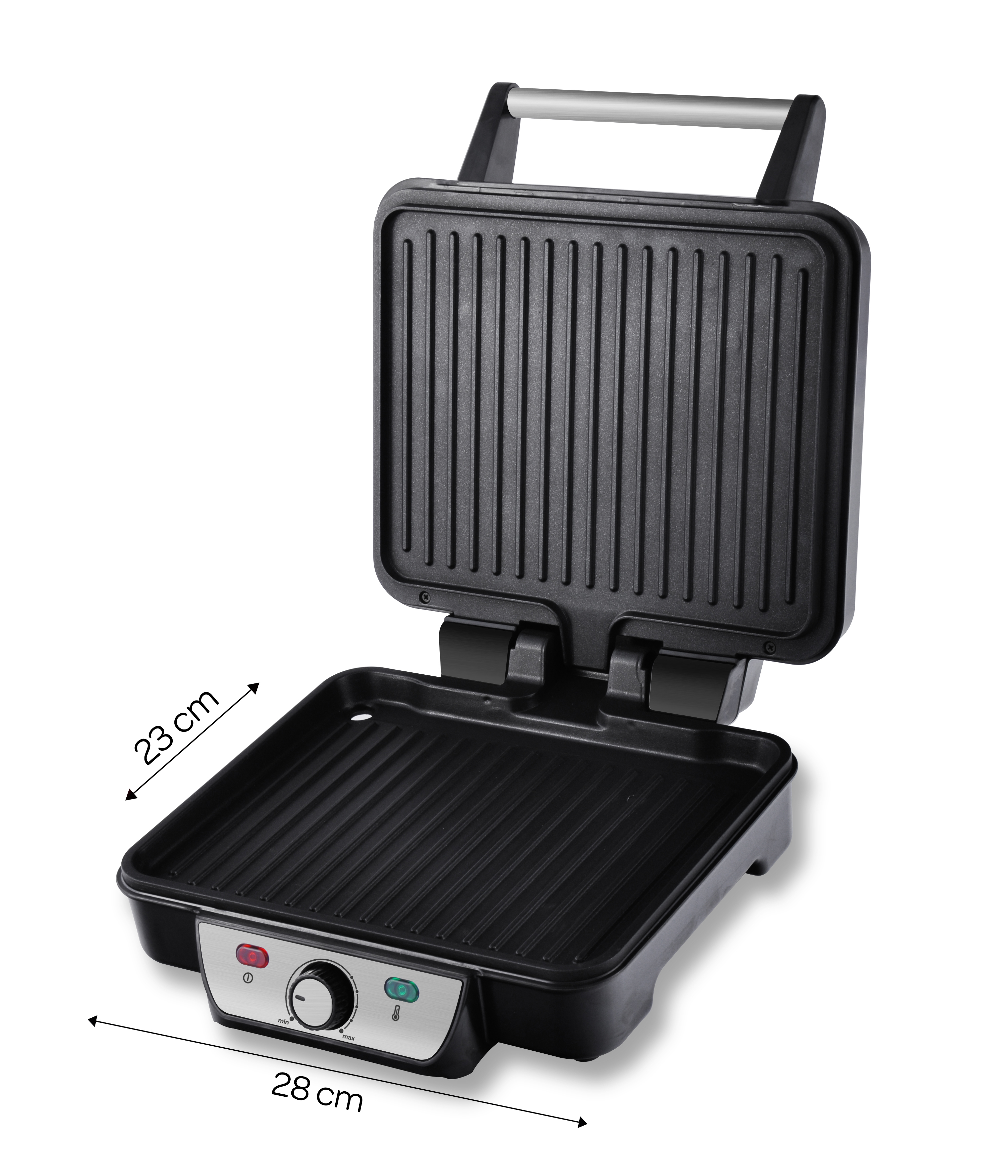 An open black contact grill with ribbed plates and a silver handle.
