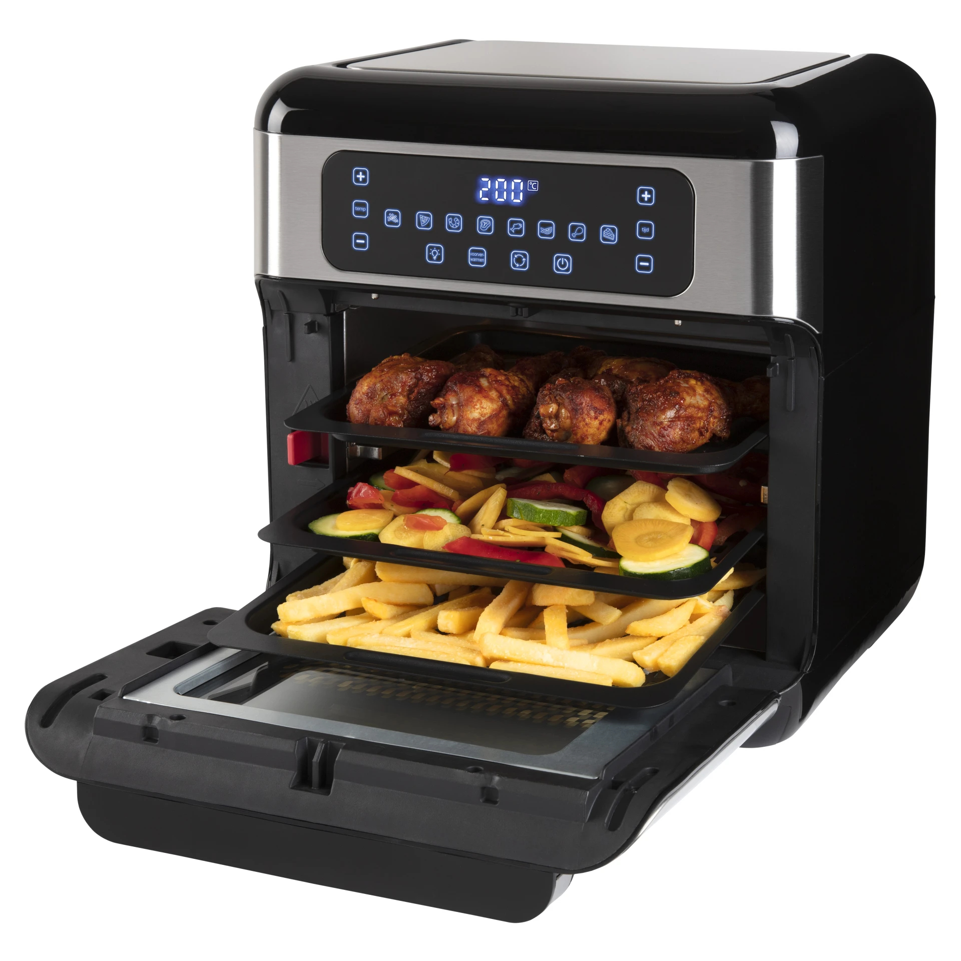 Black air fryer oven with three racks. Top rack has chicken legs, middle has vegetables, bottom has fries.