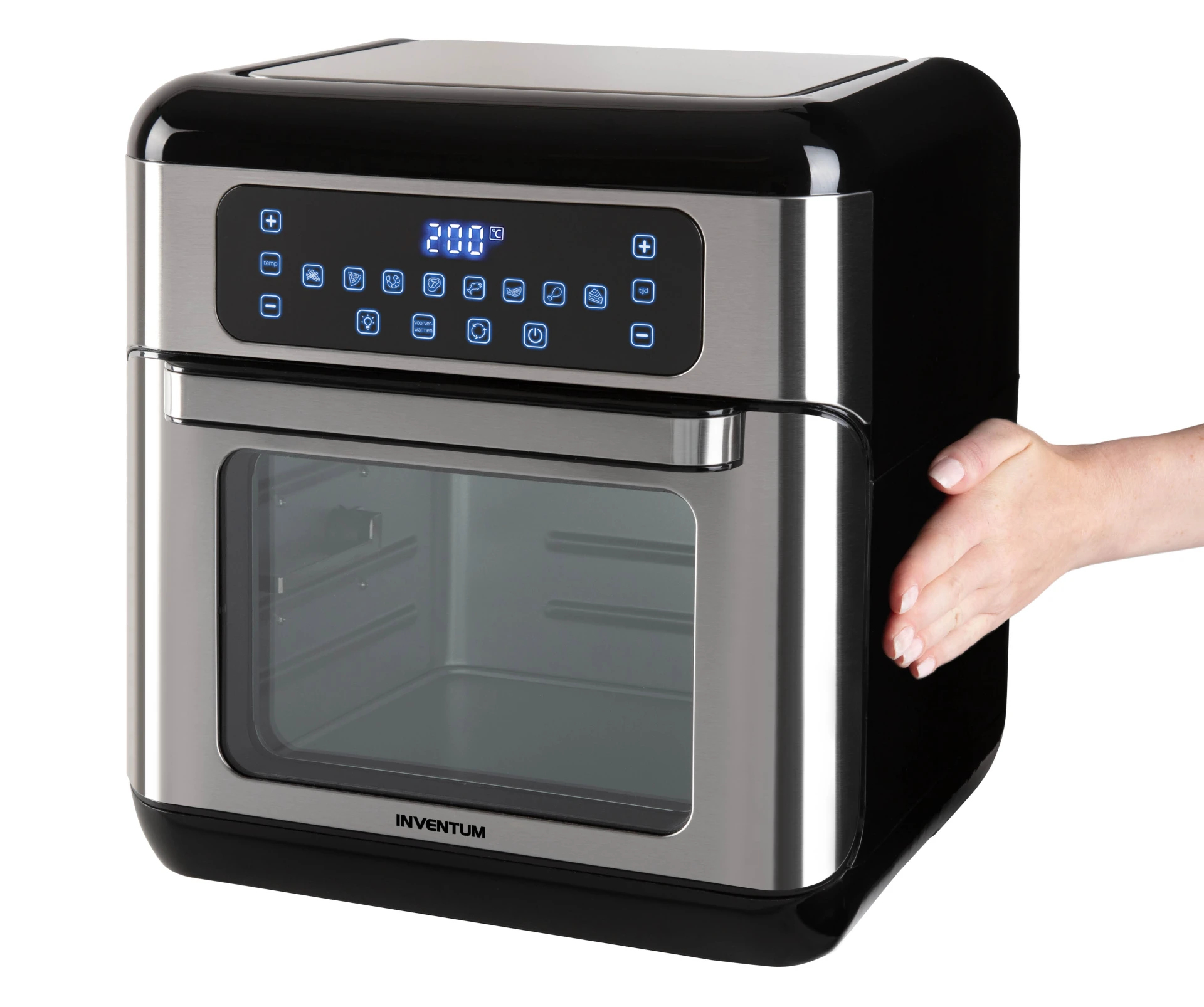 A black and silver Inventum air fryer oven with a digital display.