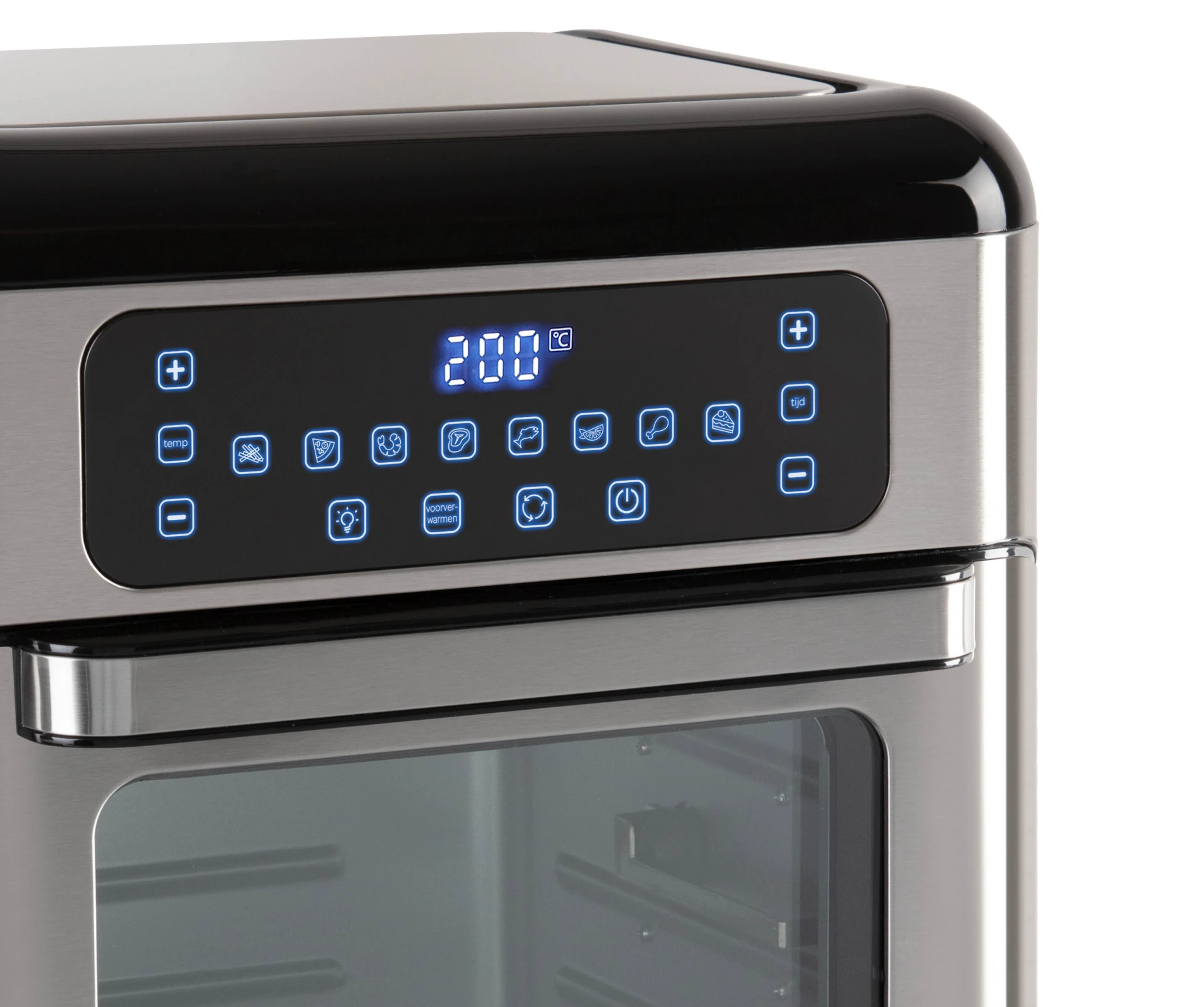 Digital display of a silver appliance showing icons for temp, time, and food.