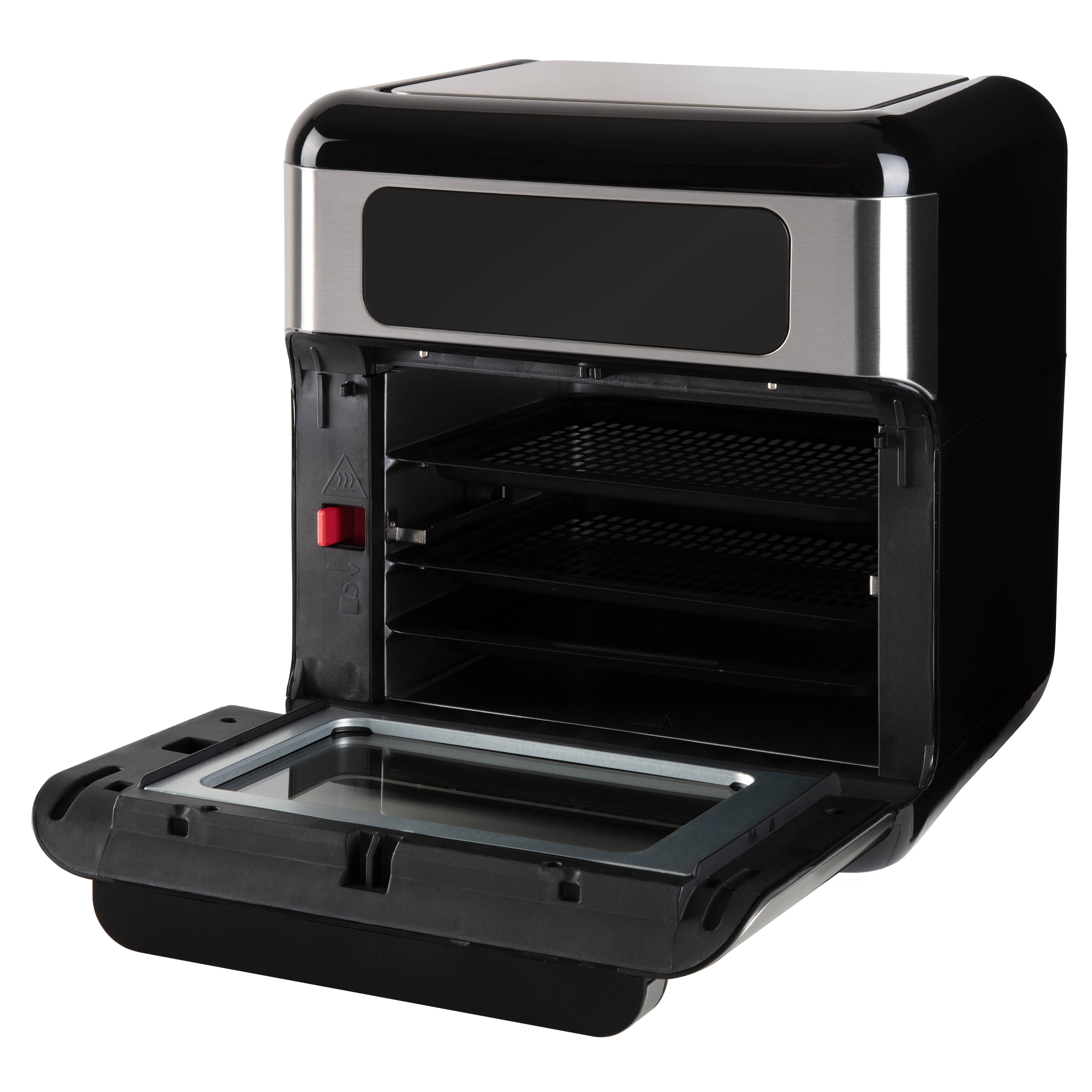A black air fryer oven with its door open, showing three racks inside.