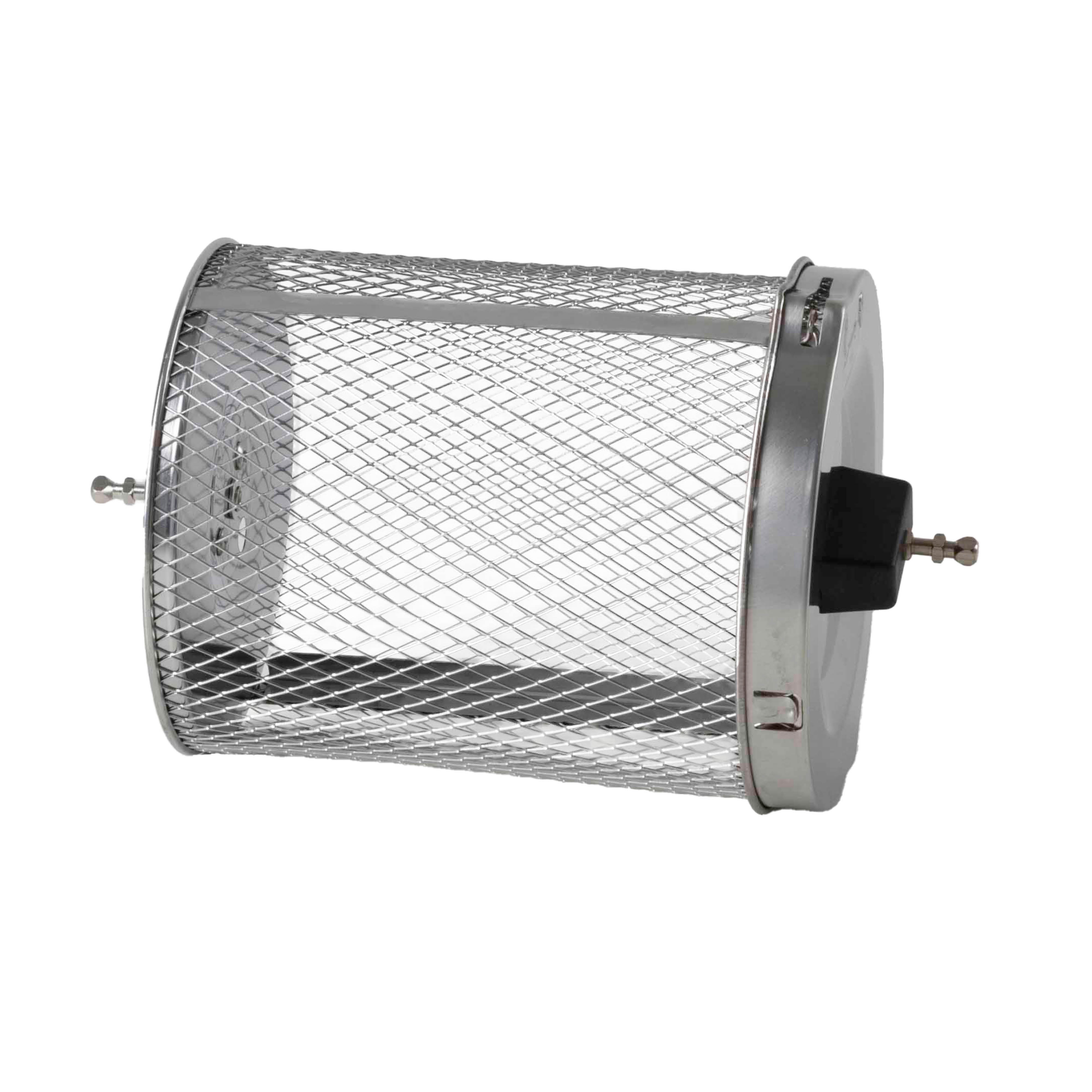 A silver wire mesh rotisserie basket with metal ends and handles.
