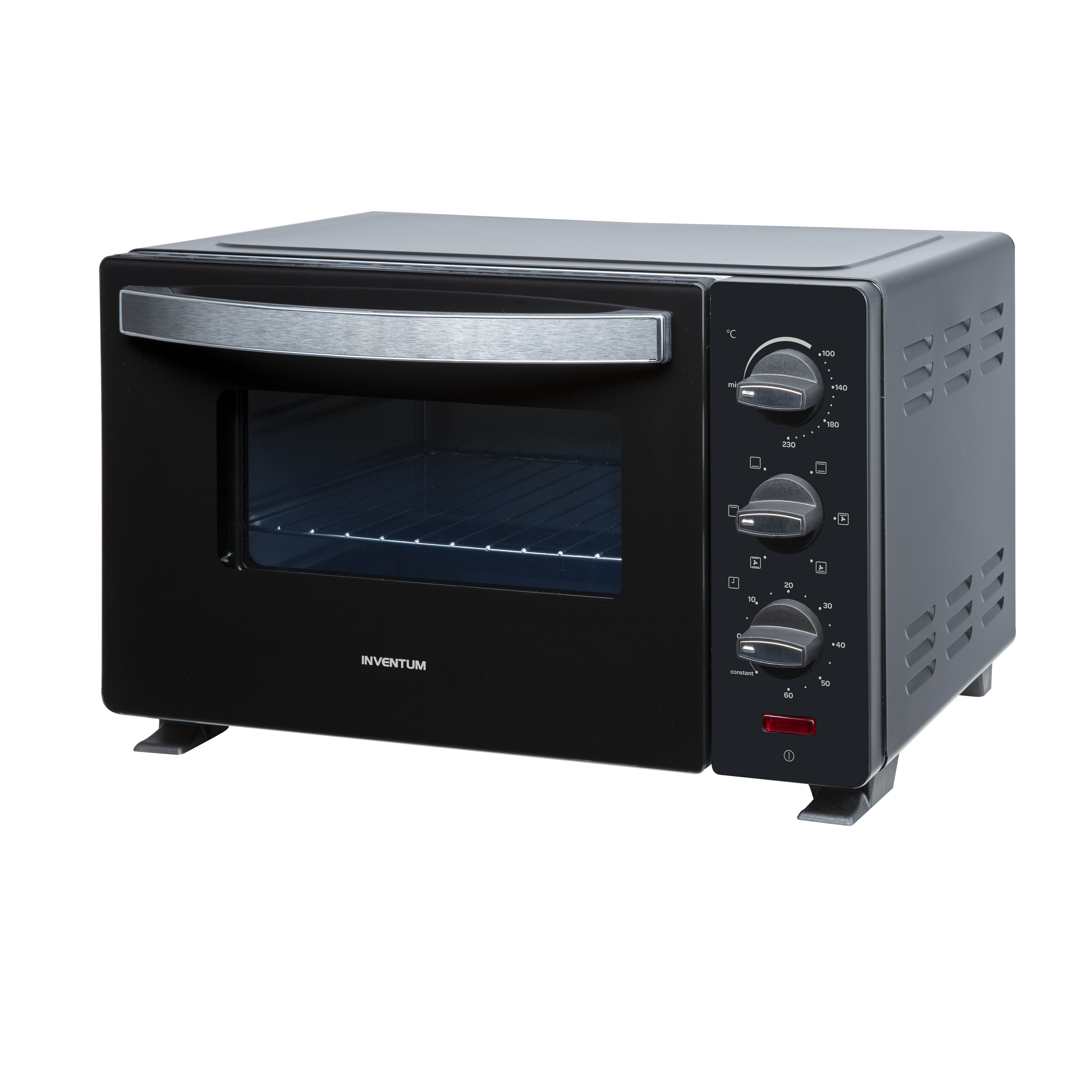 A black tabletop oven with a silver handle and control knobs.