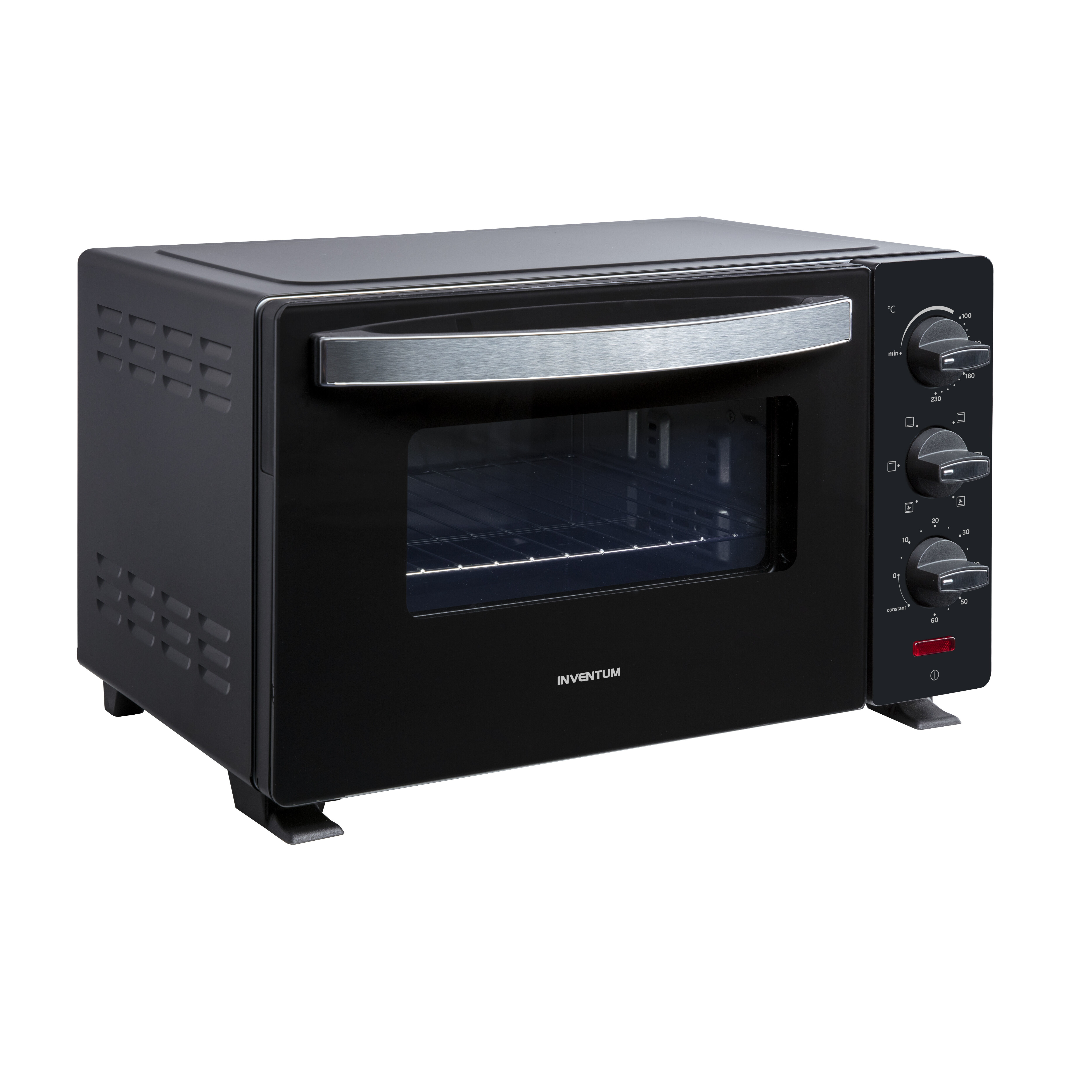 Black Inventum countertop oven with glass door, chrome handle and control knobs.