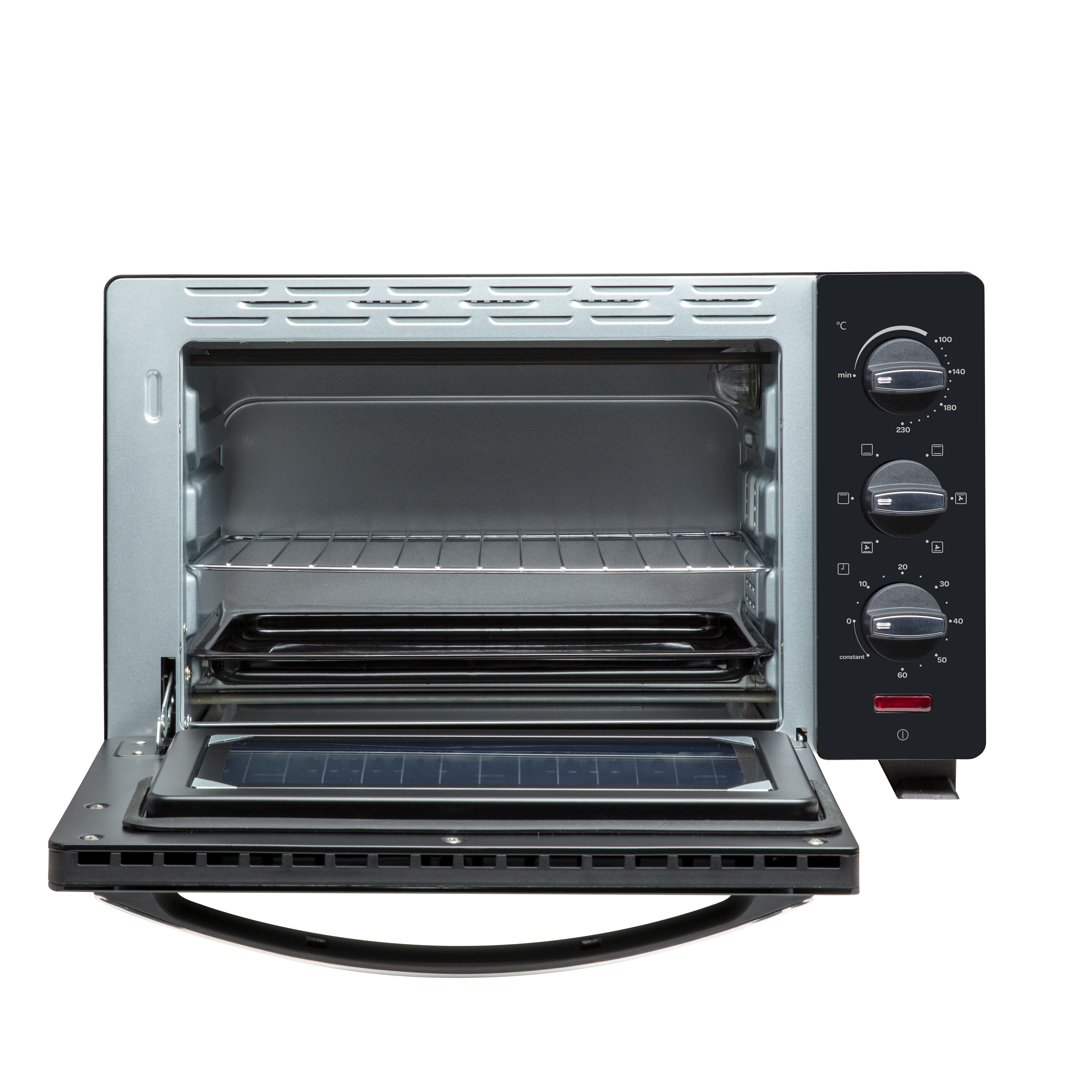 An open, silver and black countertop oven with two dials and a red button.