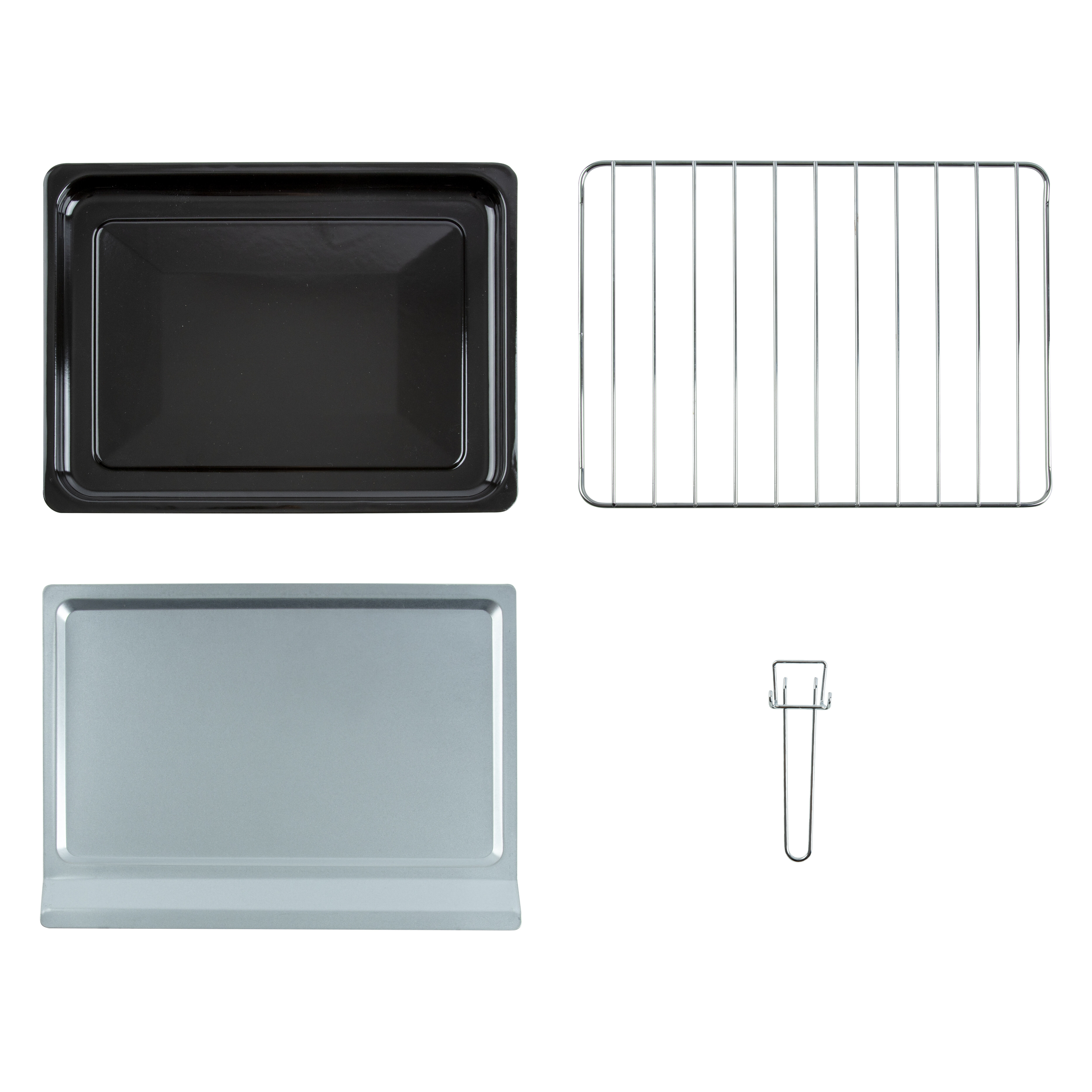 Baking tray, grill rack, drip pan, and clip on white.