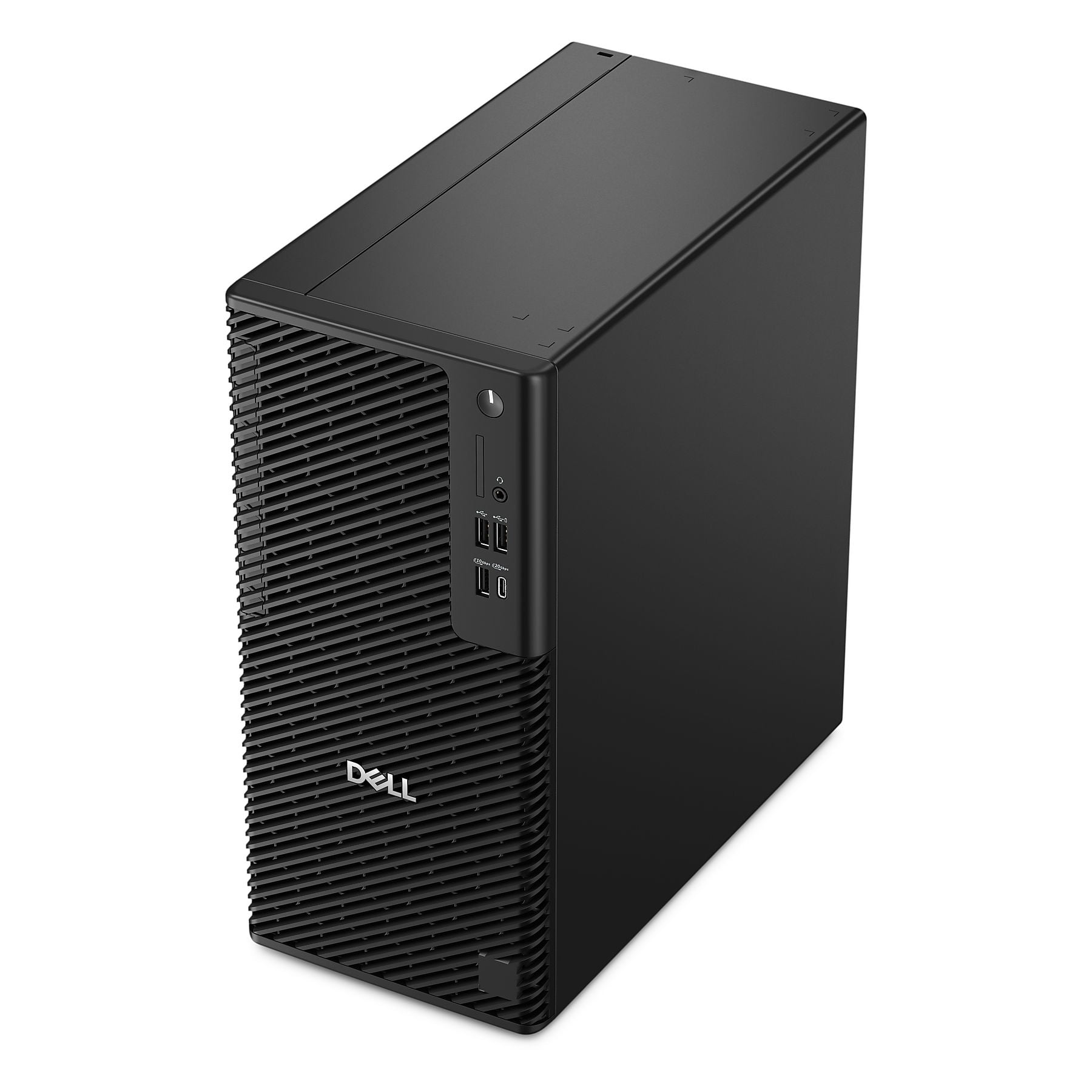 Una tower desktop Dell nera con porte USB anteriori e motivo di ventilazione.