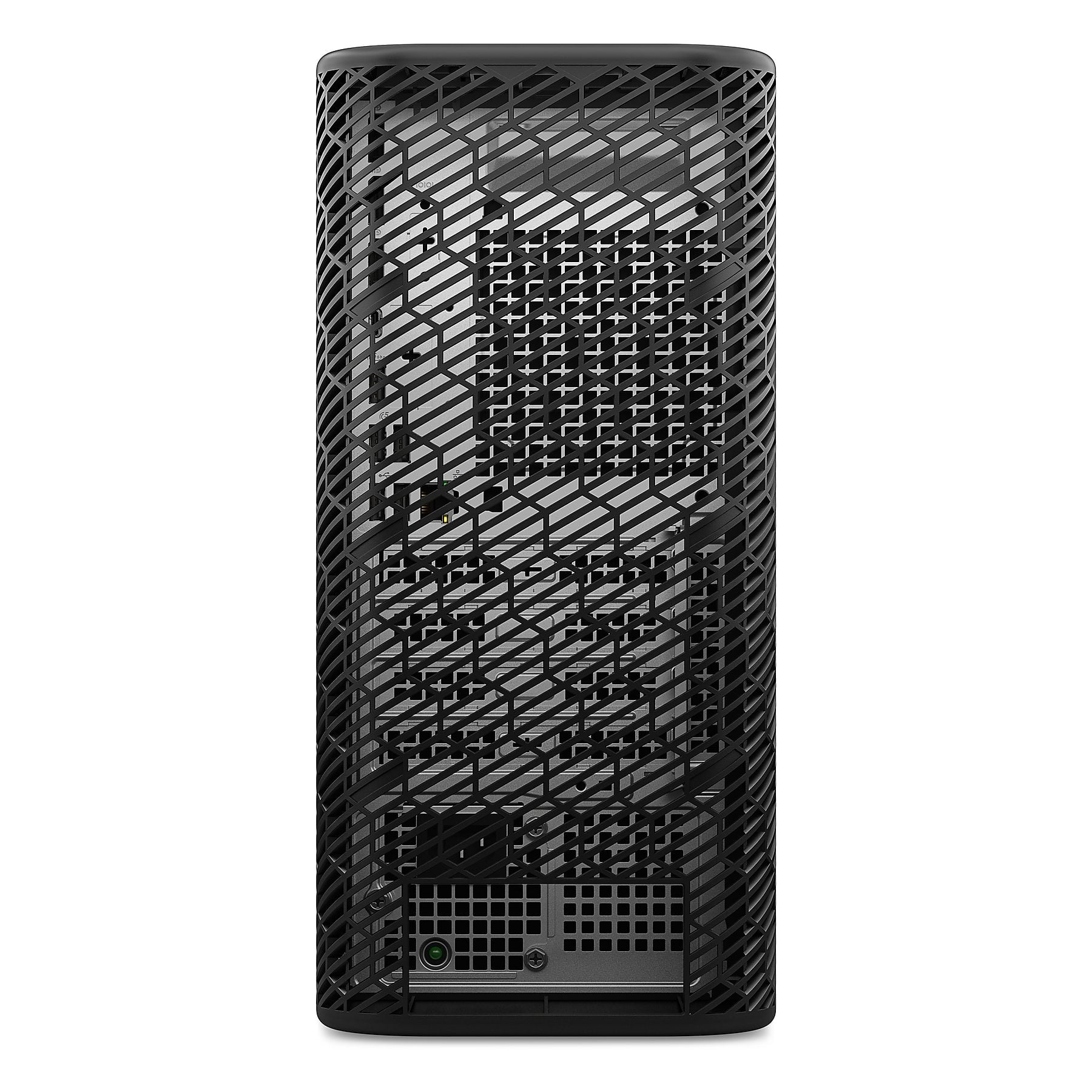 Retro di un case per PC nero con motivo a griglia e porte.