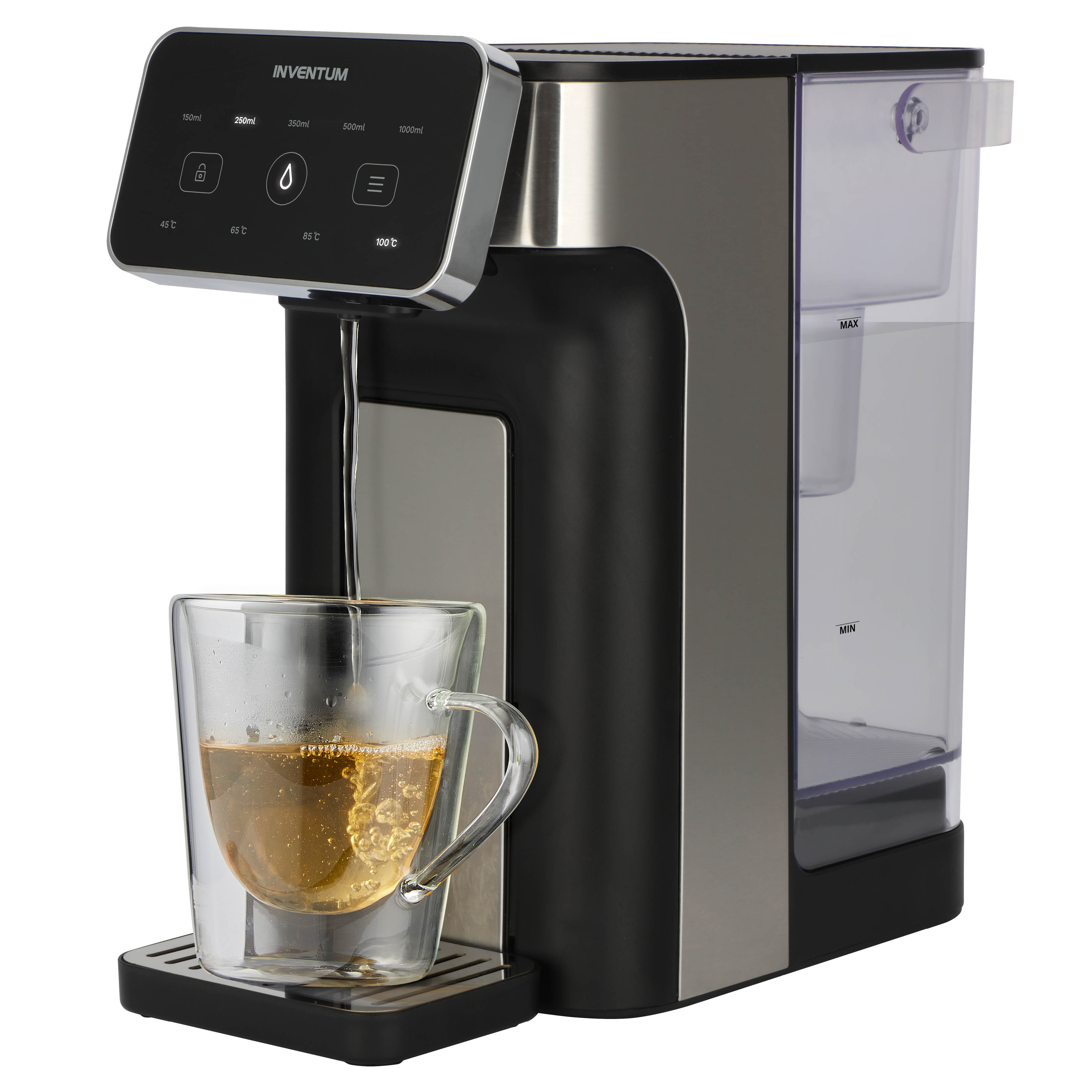 A silver and black water dispenser pouring hot water into a glass cup.
