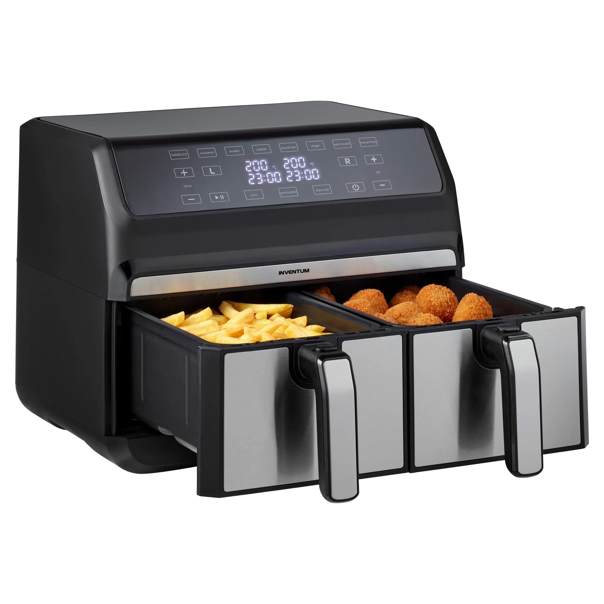 Une friteuse à air noire avec deux tiroirs, l'un rempli de frites et l'autre de croquettes.
