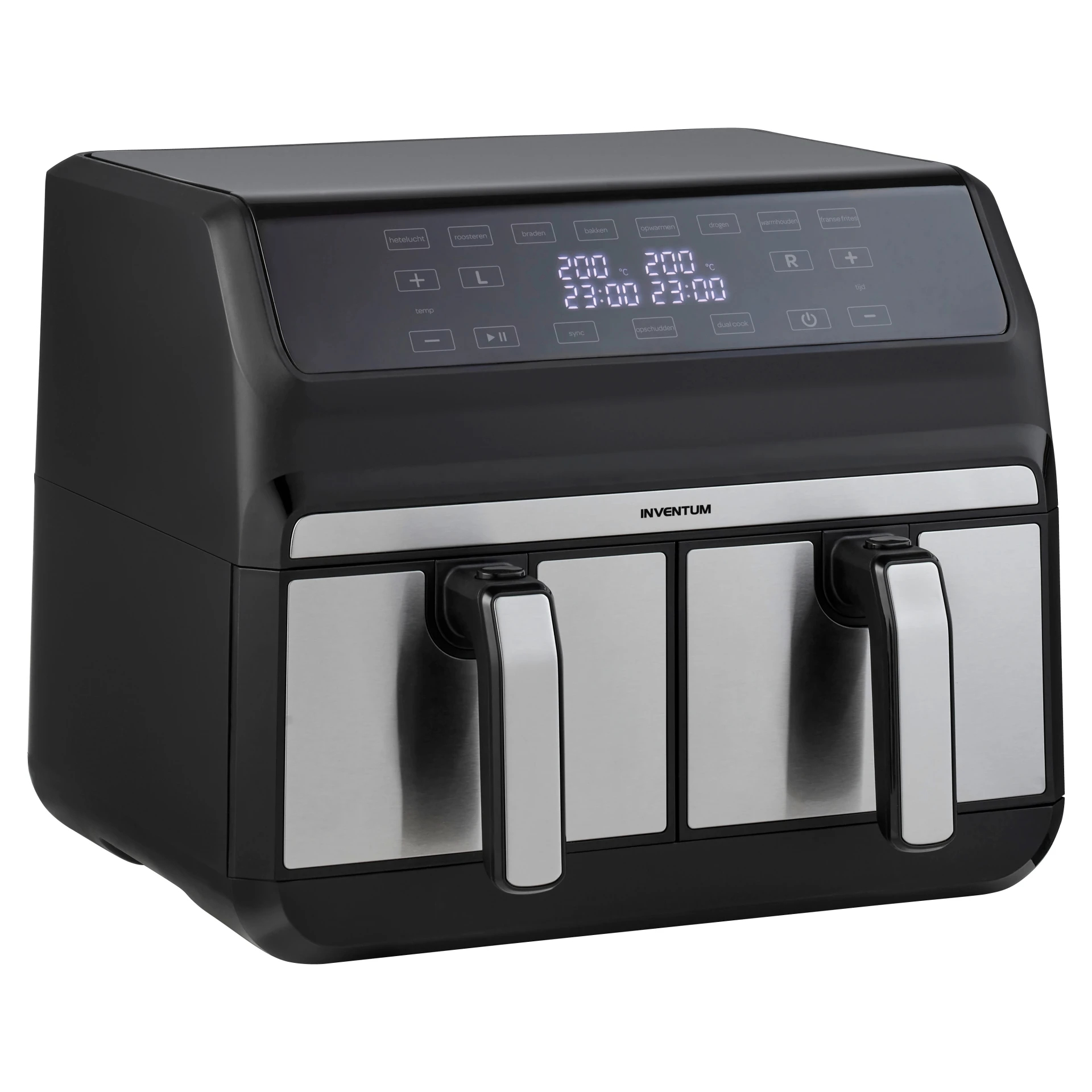 Une friteuse à air noire à deux tiroirs et panneau de commande numérique.