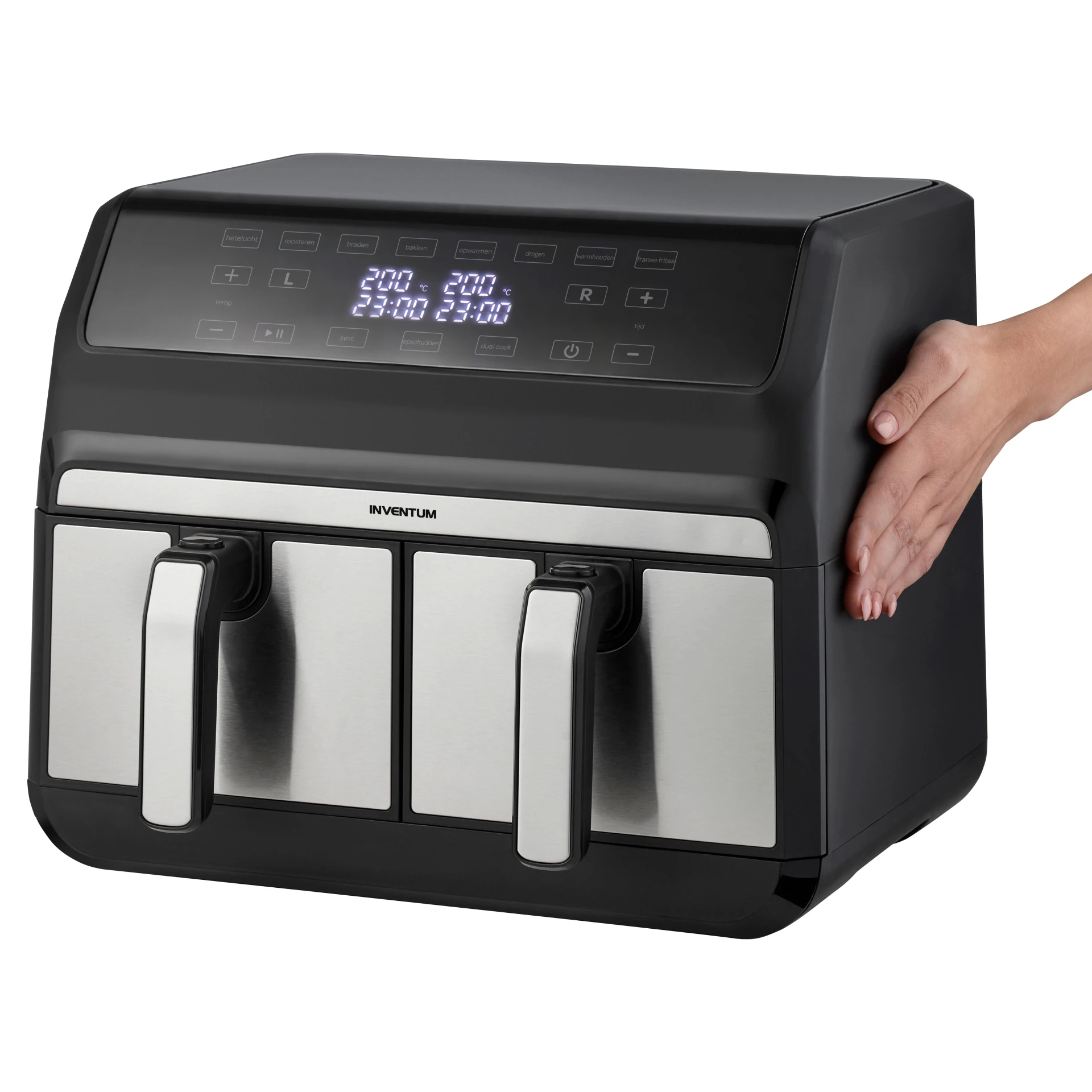 Une friteuse à air noire avec deux tiroirs et un écran tactile numérique.