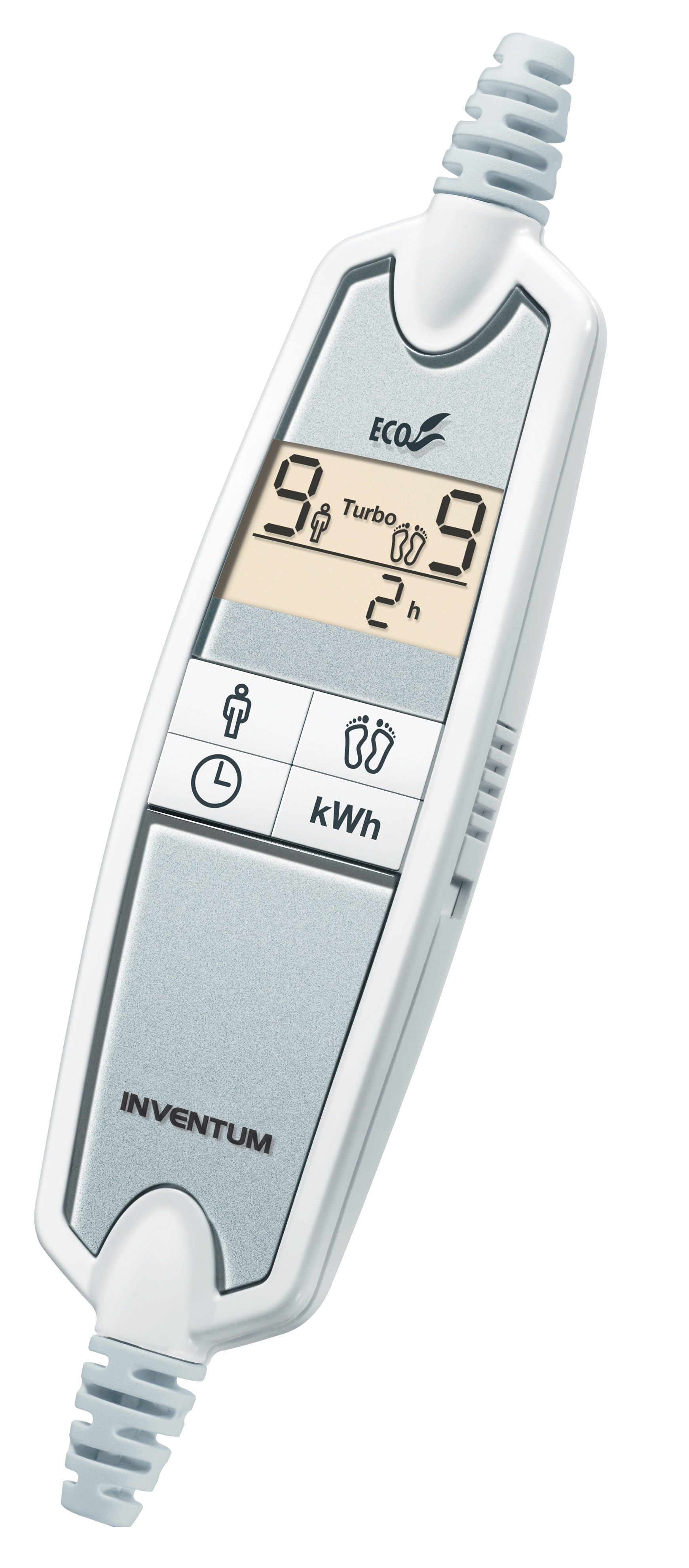 A white control panel with a digital display showing '9', 'Turbo', '2h', and 'kWh'.