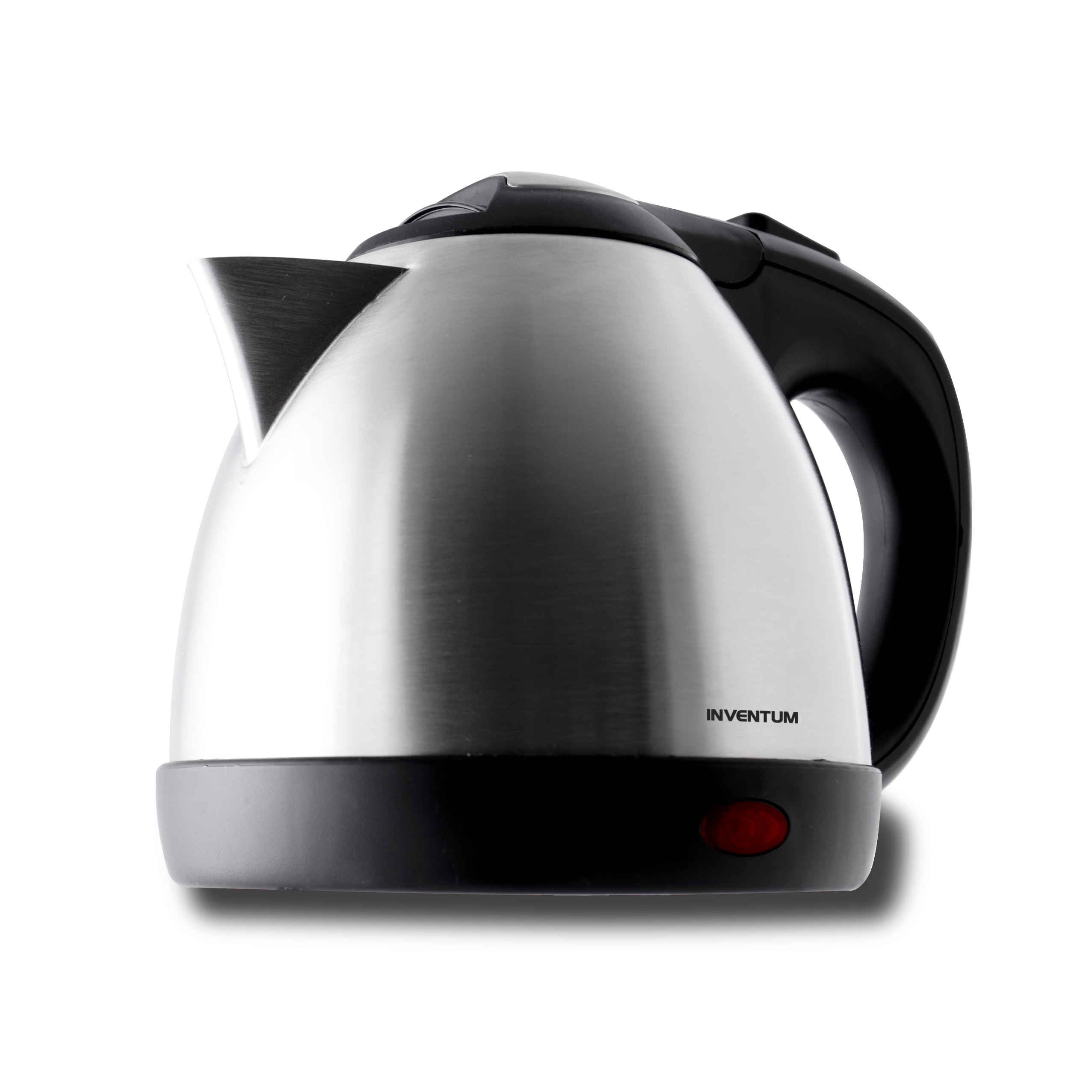 A silver electric kettle with a black handle and base on a white background.