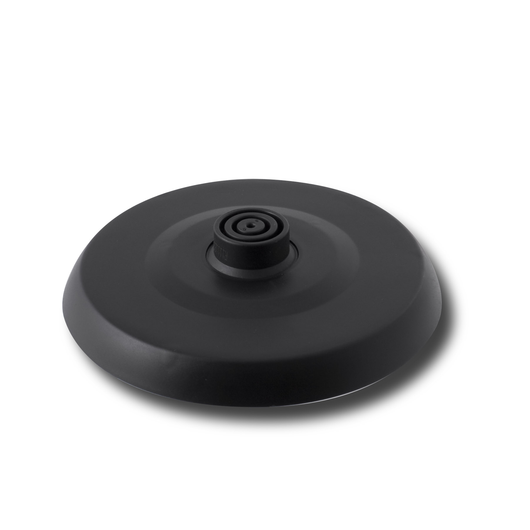 Black, round electric kettle base with a central power connector.