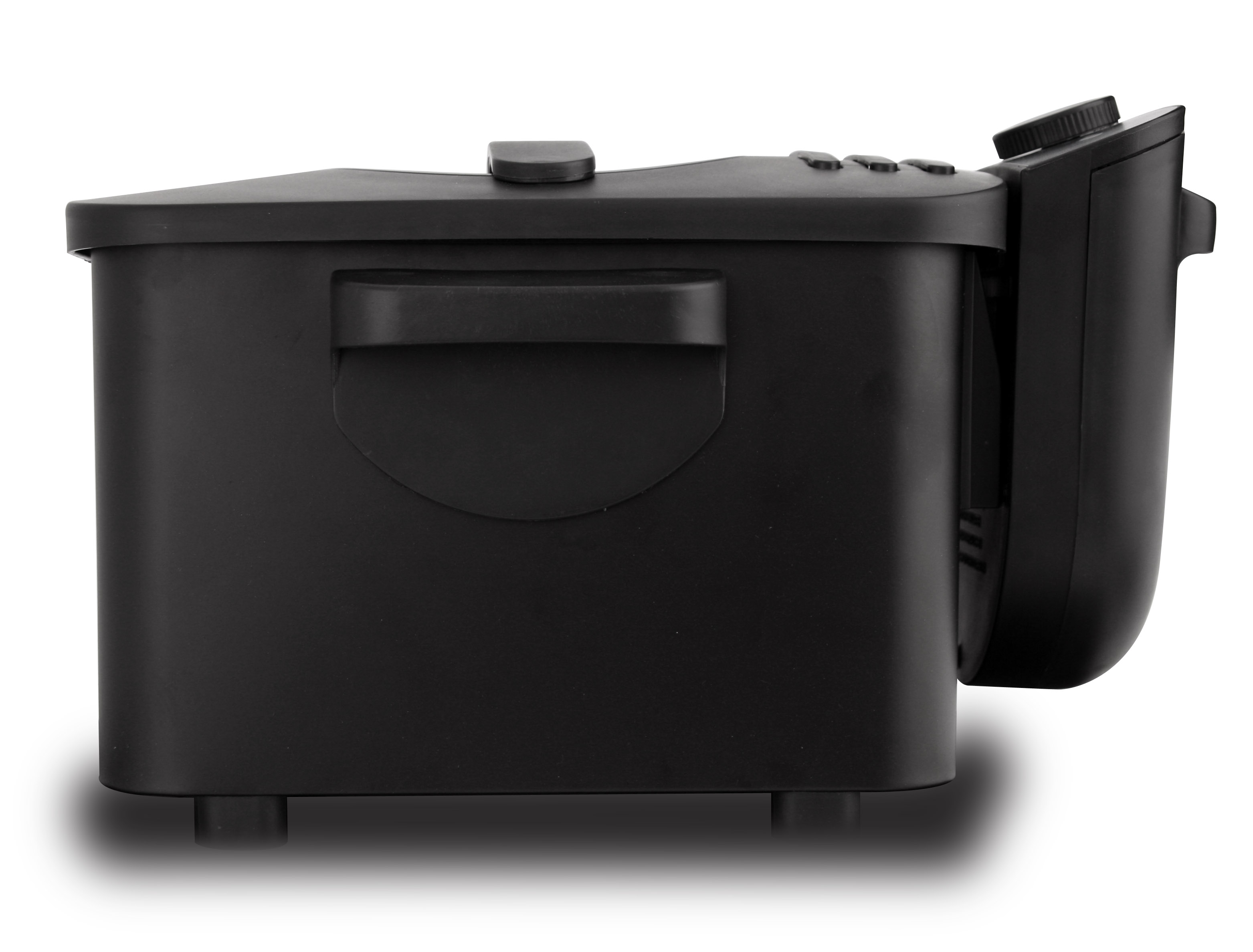 Black deep fryer with control panel and handle, side view. Stands on four feet.