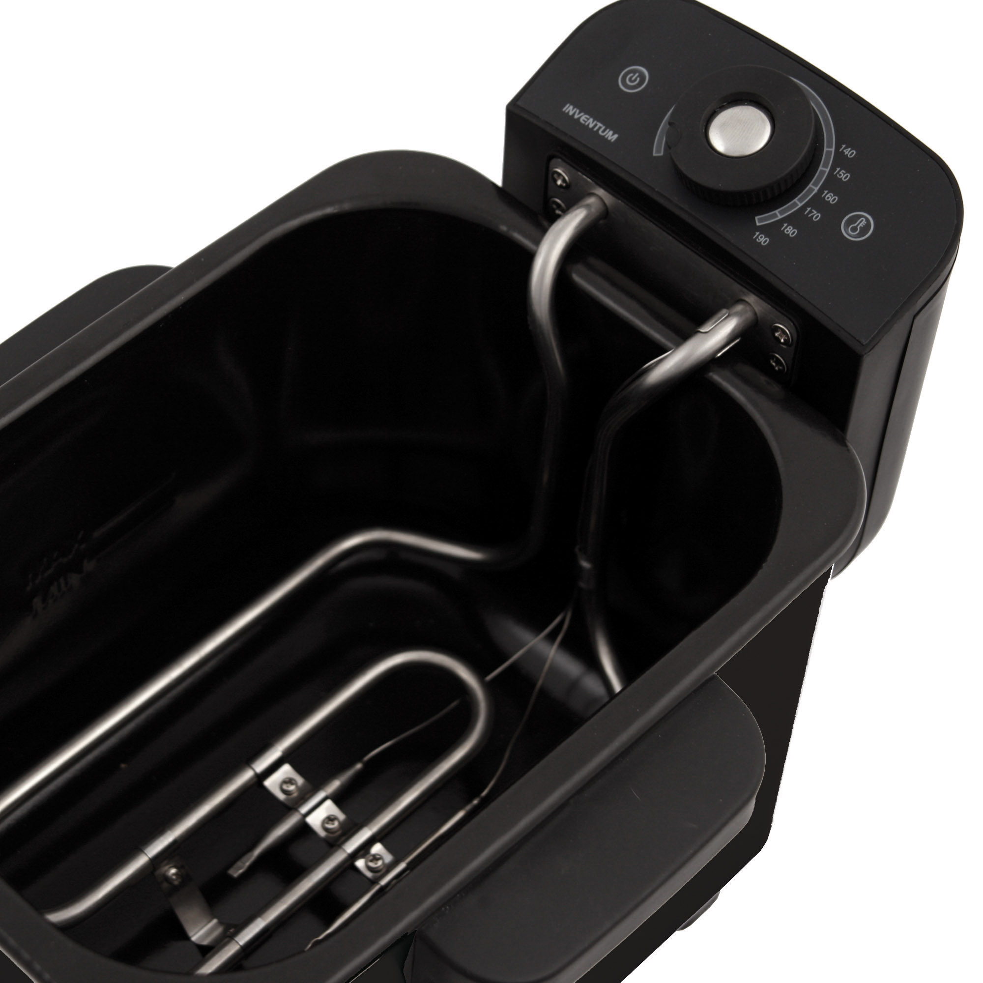 A black deep fryer with silver heating elements and a control panel.