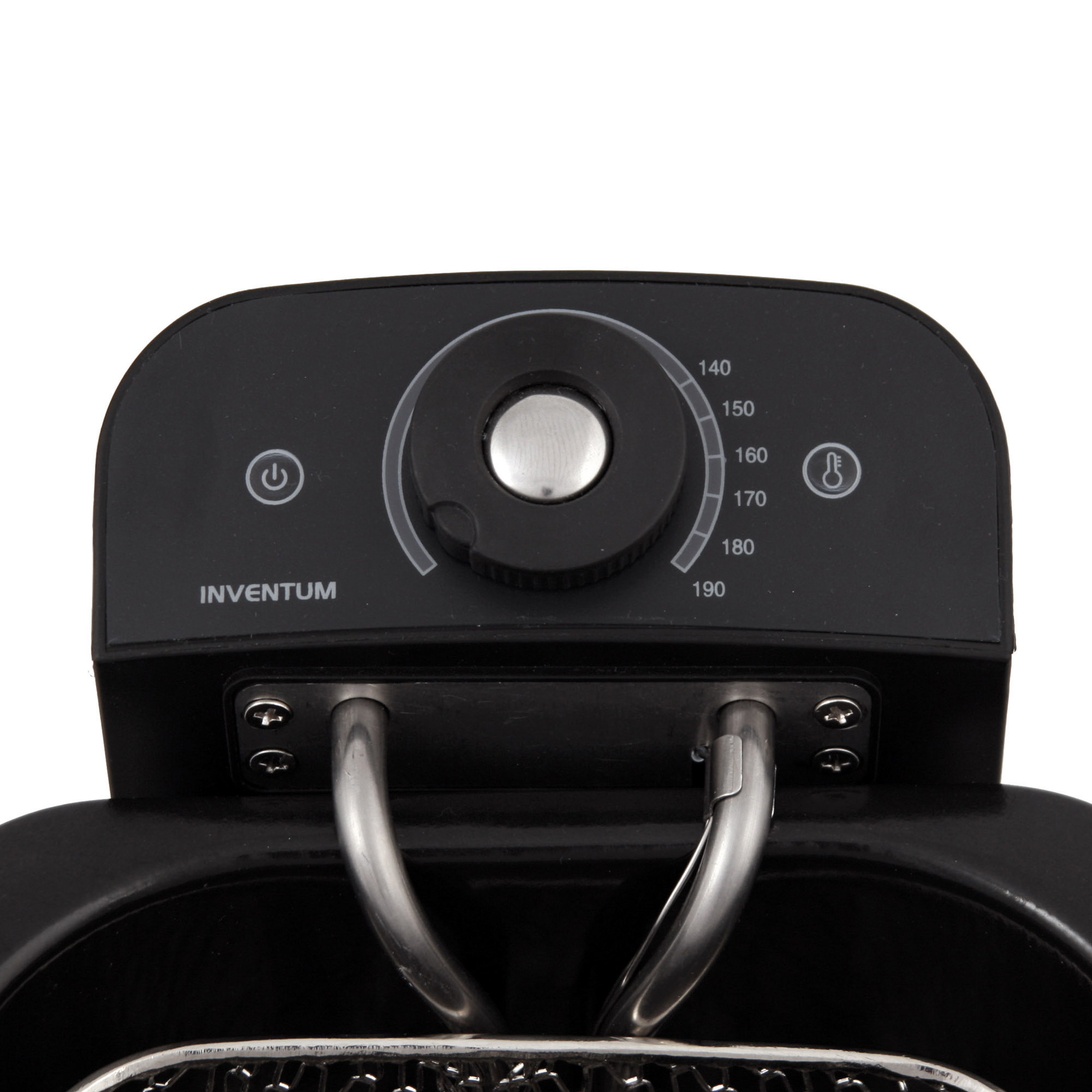 Close-up of a black fryer control panel with temperature dial and power button.