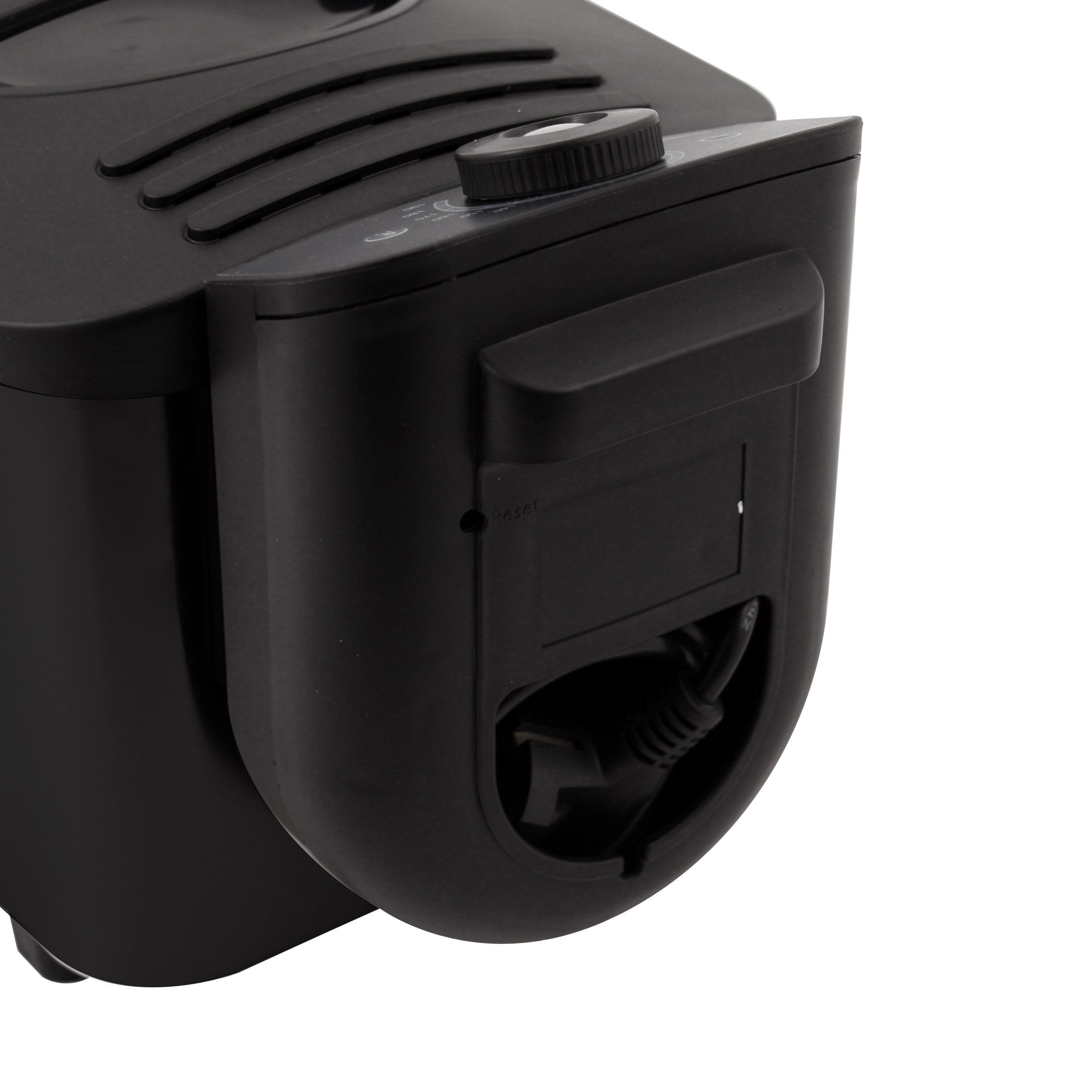 Black appliance with a dial, vents, and a cord connection port.