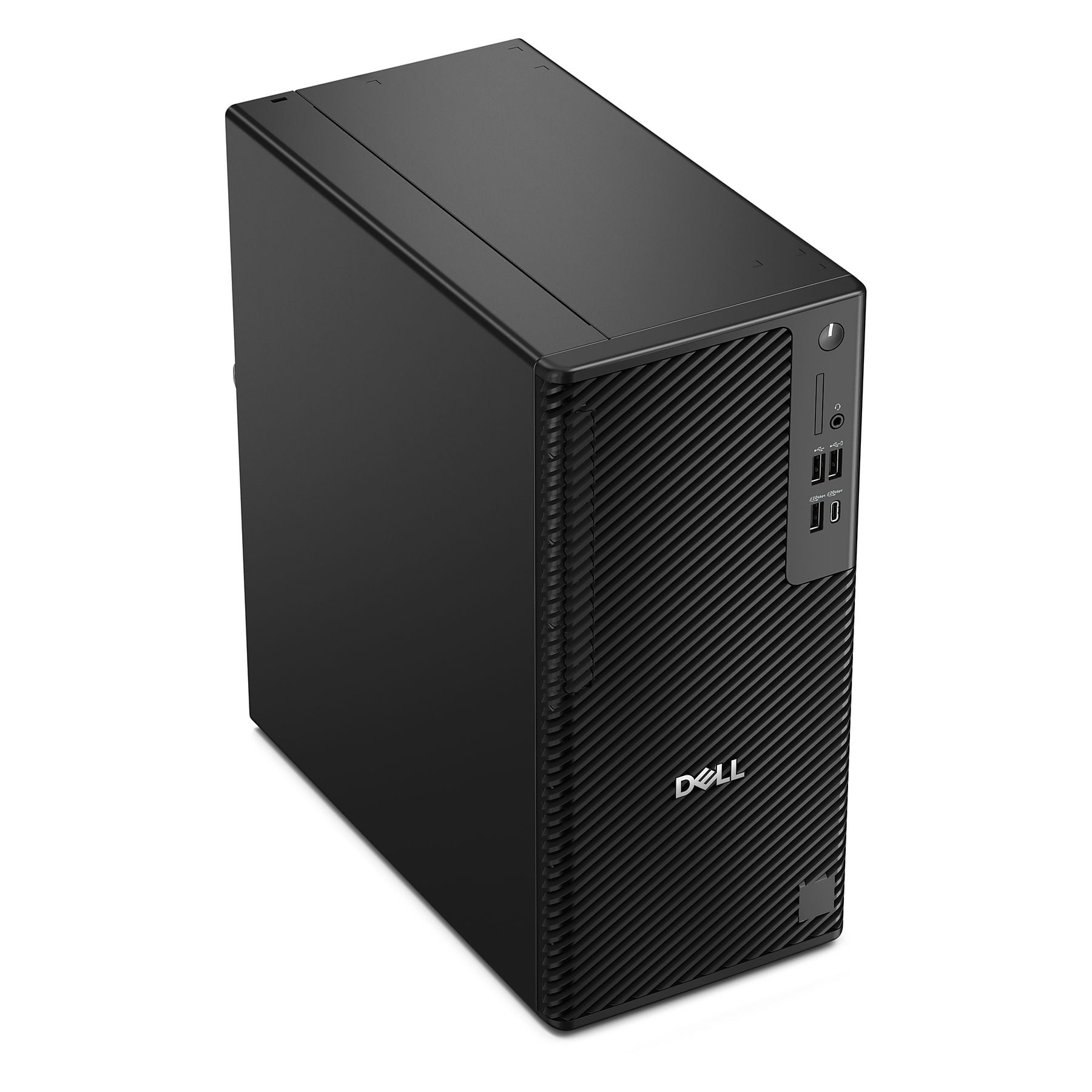 PC desktop Dell nero con porte USB anteriori e pulsante di accensione.