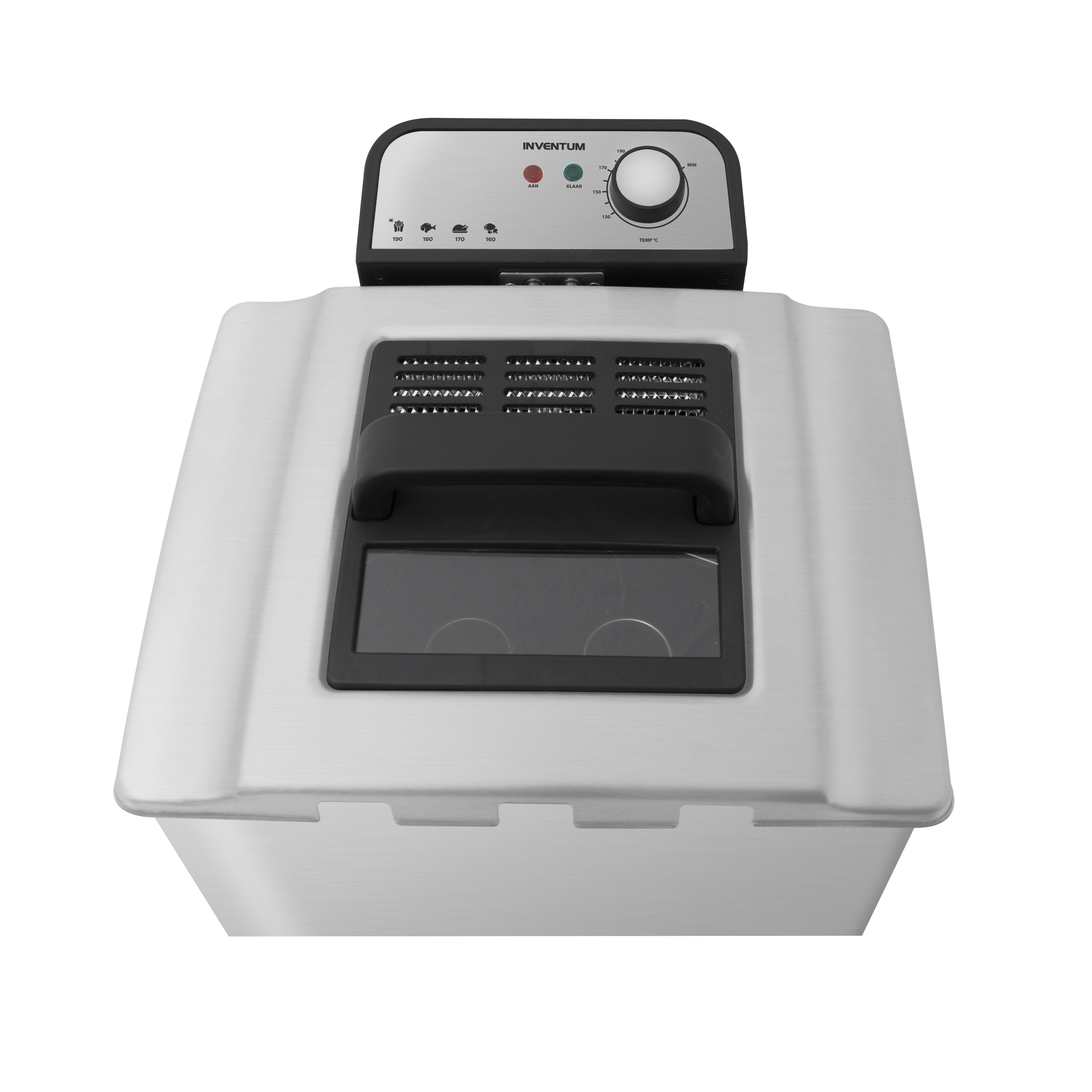 A silver deep fryer with a black lid and control panel.