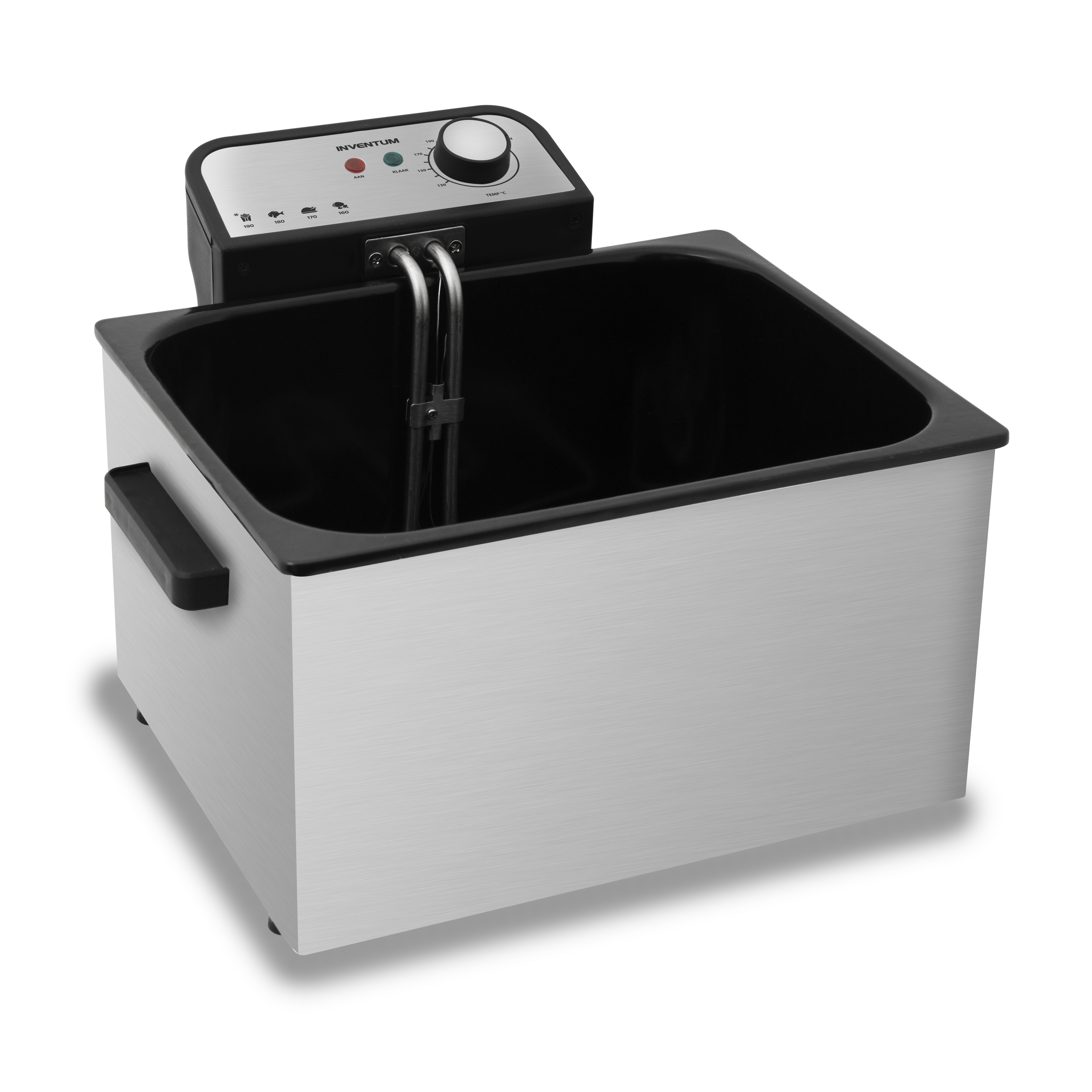 A silver deep fryer with a black lid and control panel.
