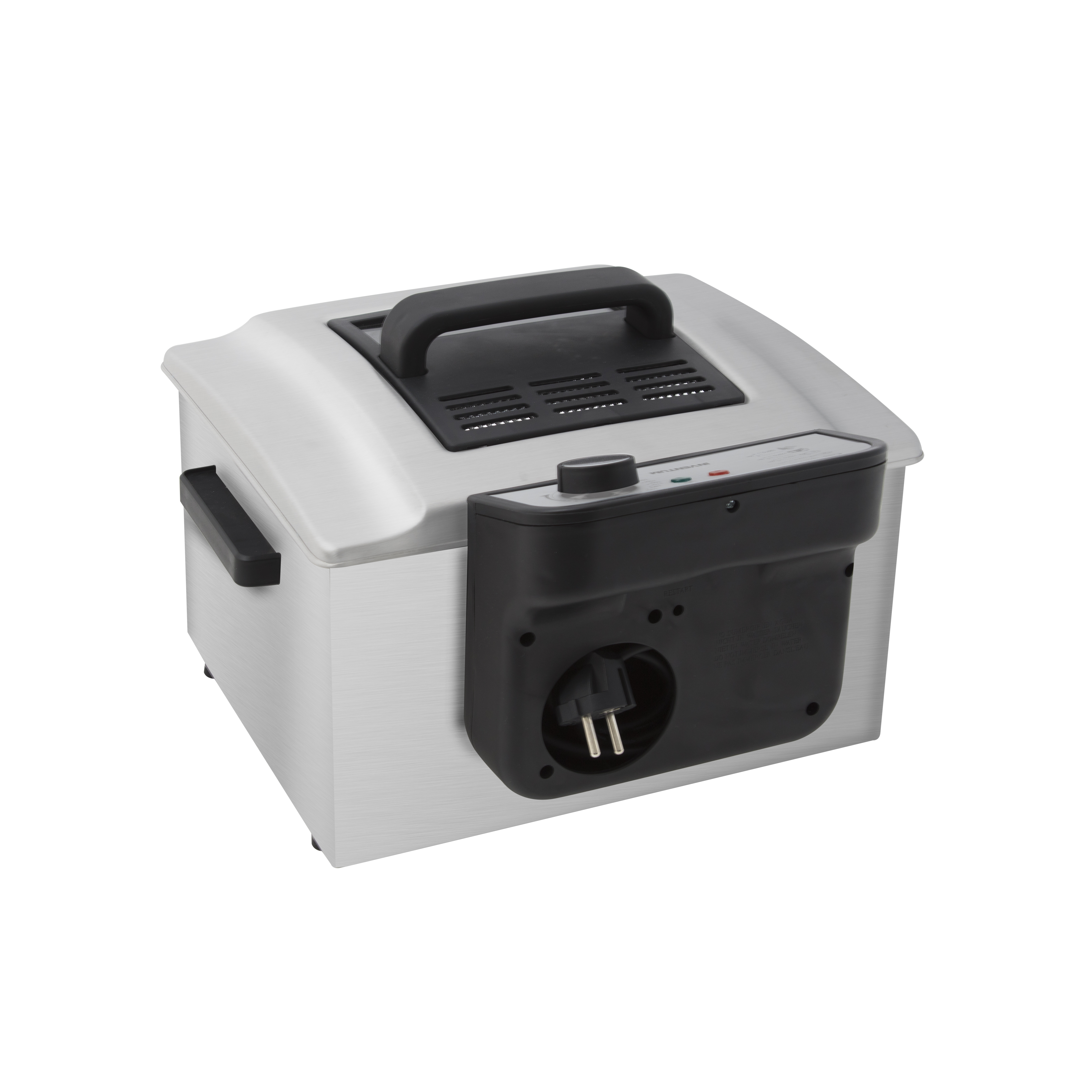 Silver-colored deep fryer with a black handle and control panel.