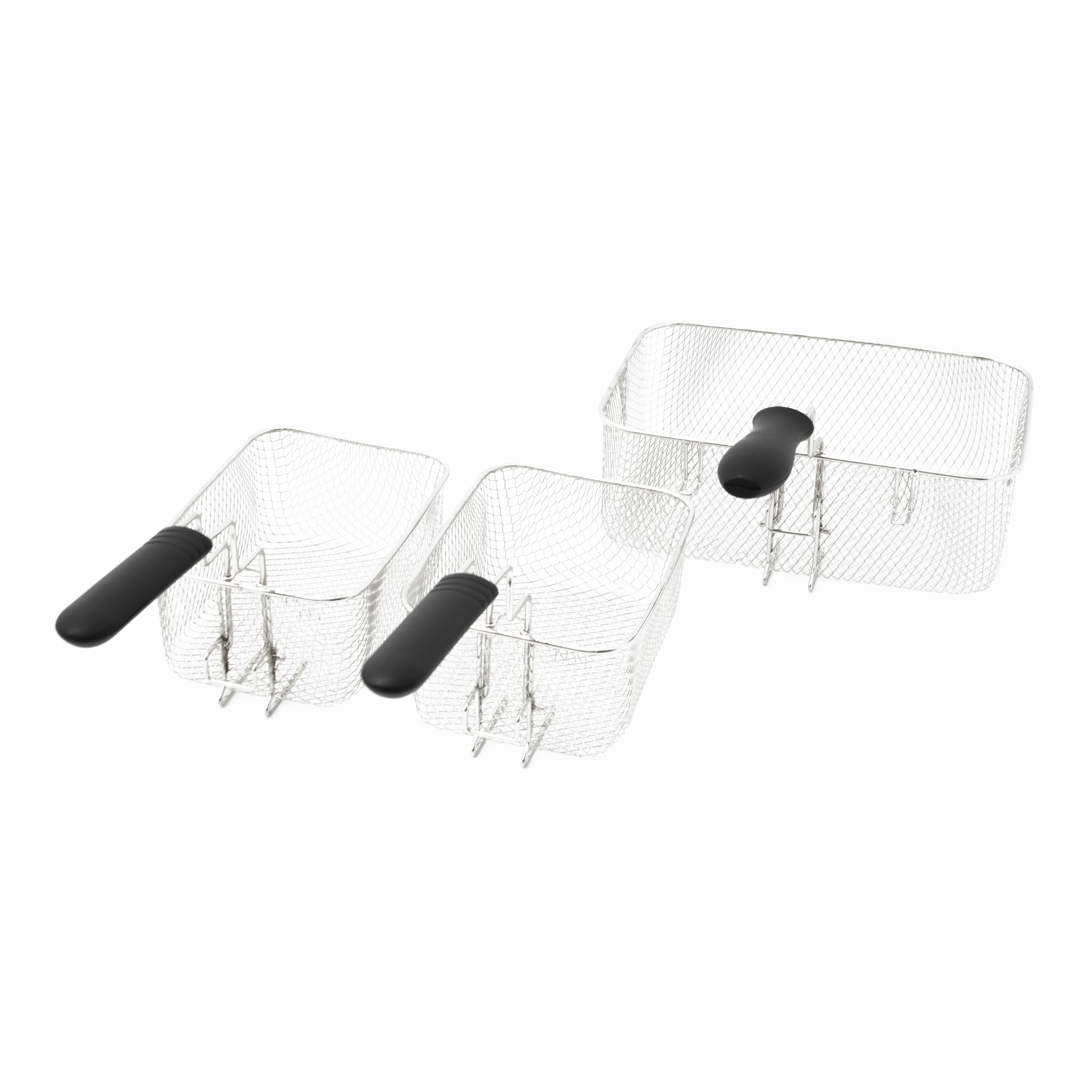 Three metal frying baskets with black handles on a white background.