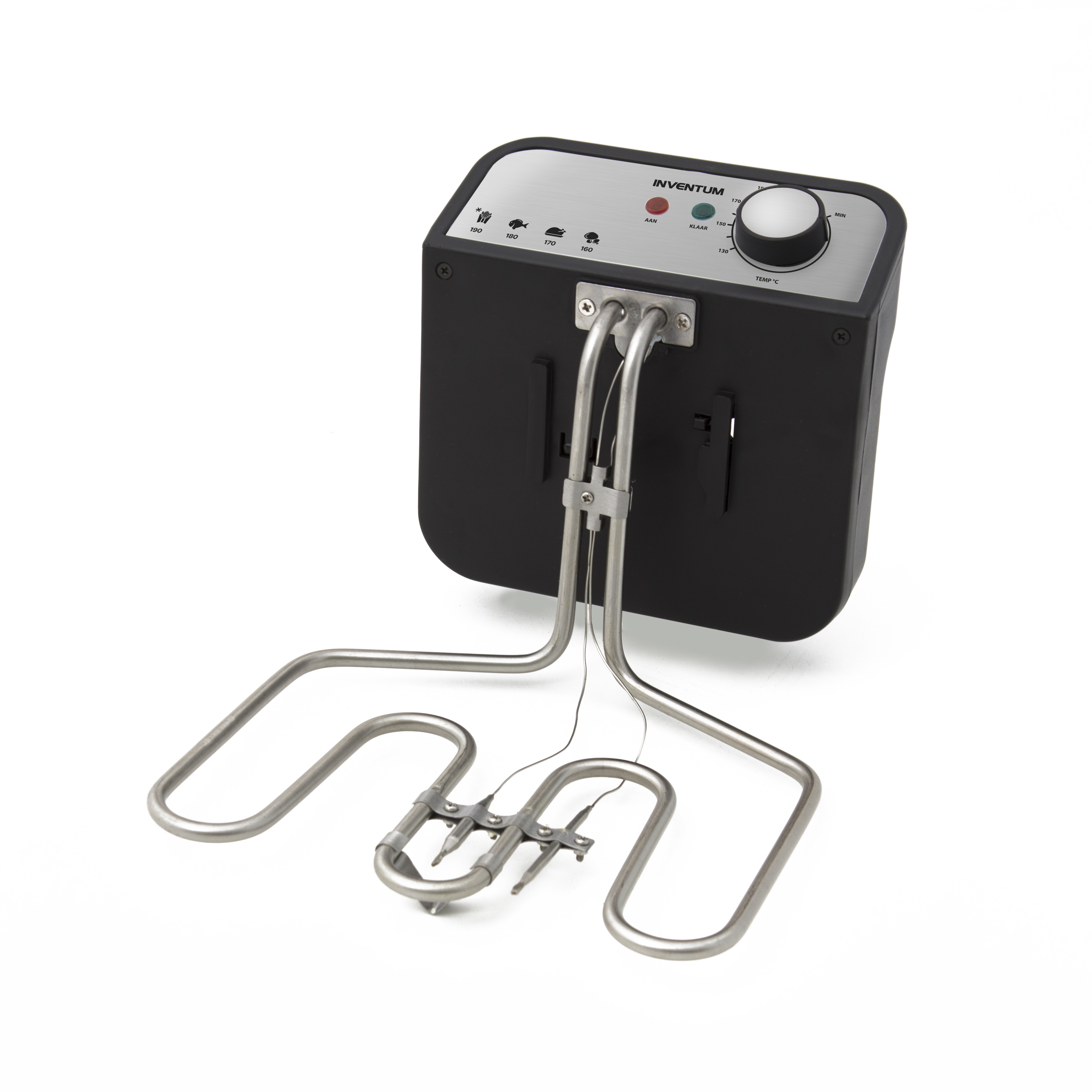 A black deep fryer with a silver control panel and temperature dial.