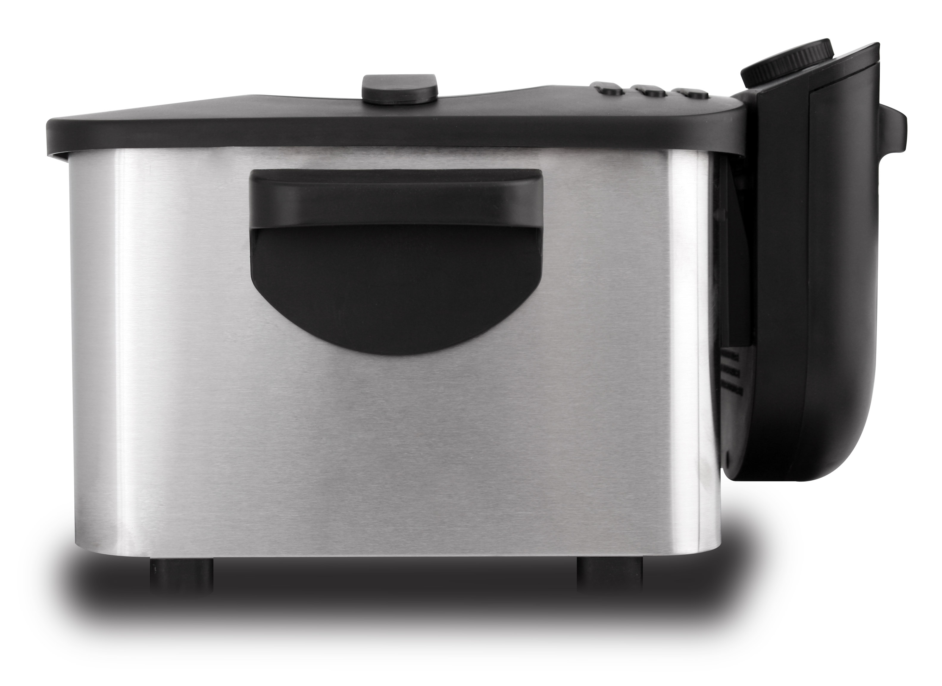 Silver deep fryer with black lid and controls on white background.