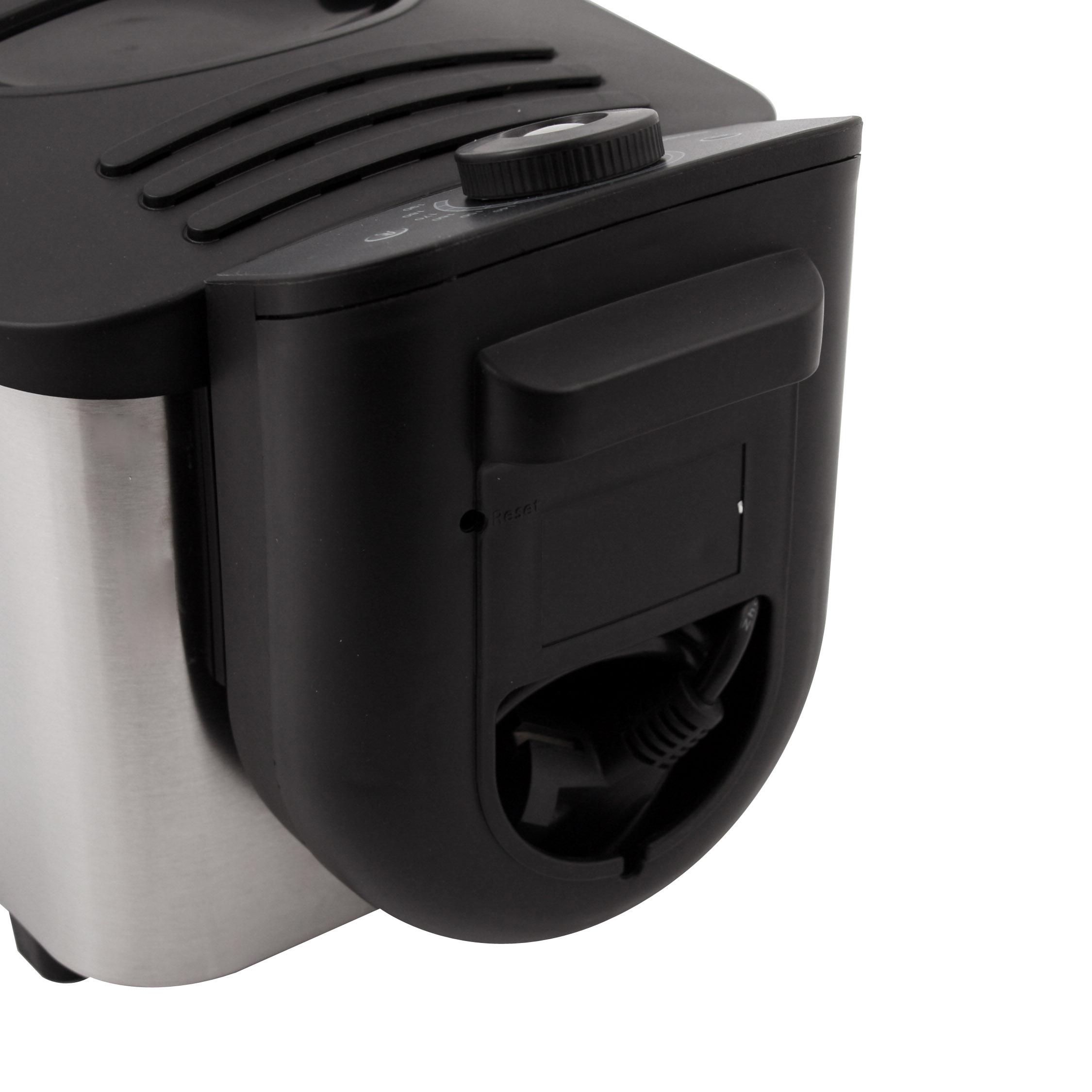 Close-up of a black and silver deep fryer with a dial and reset button.