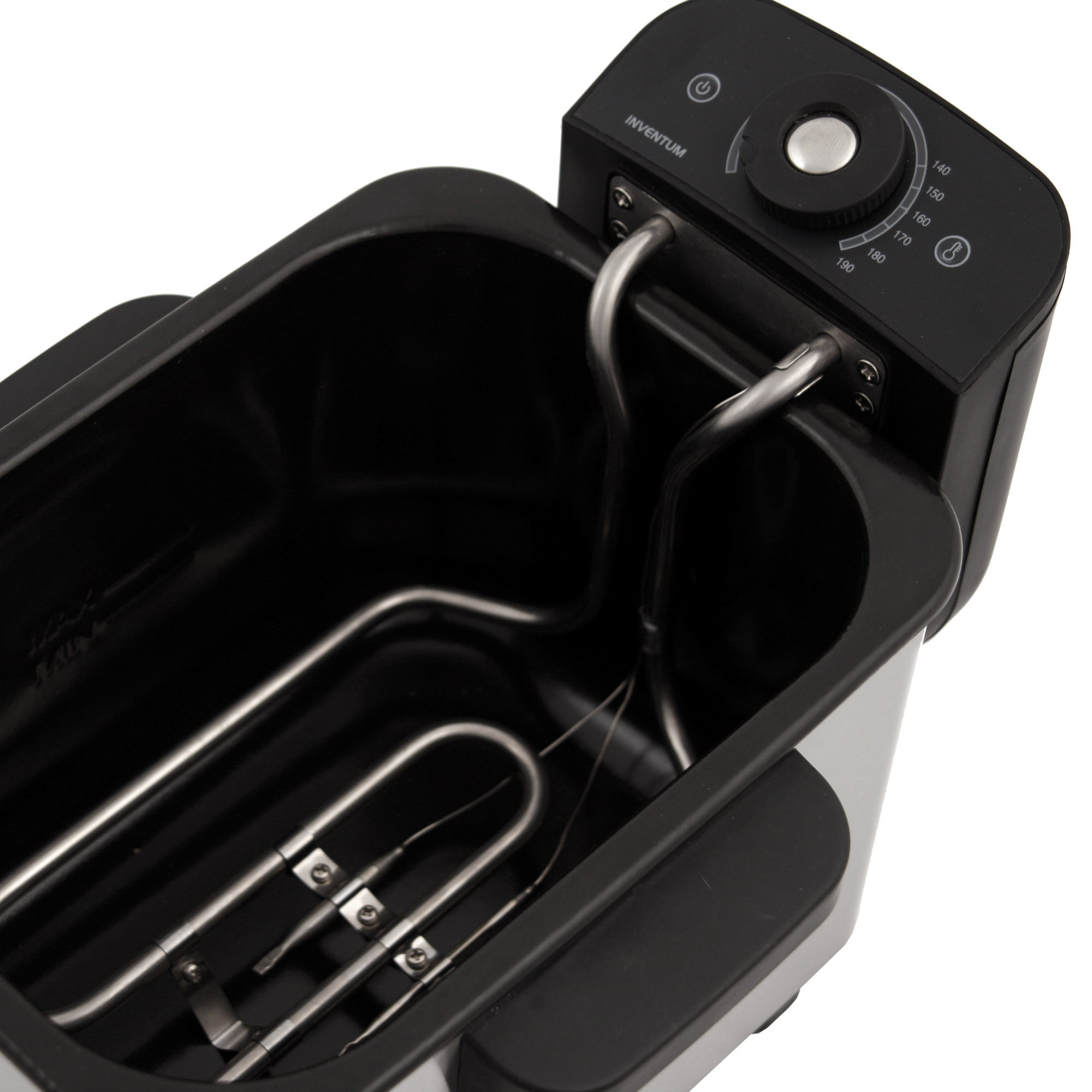 An electric deep fryer with a silver body and black interior.