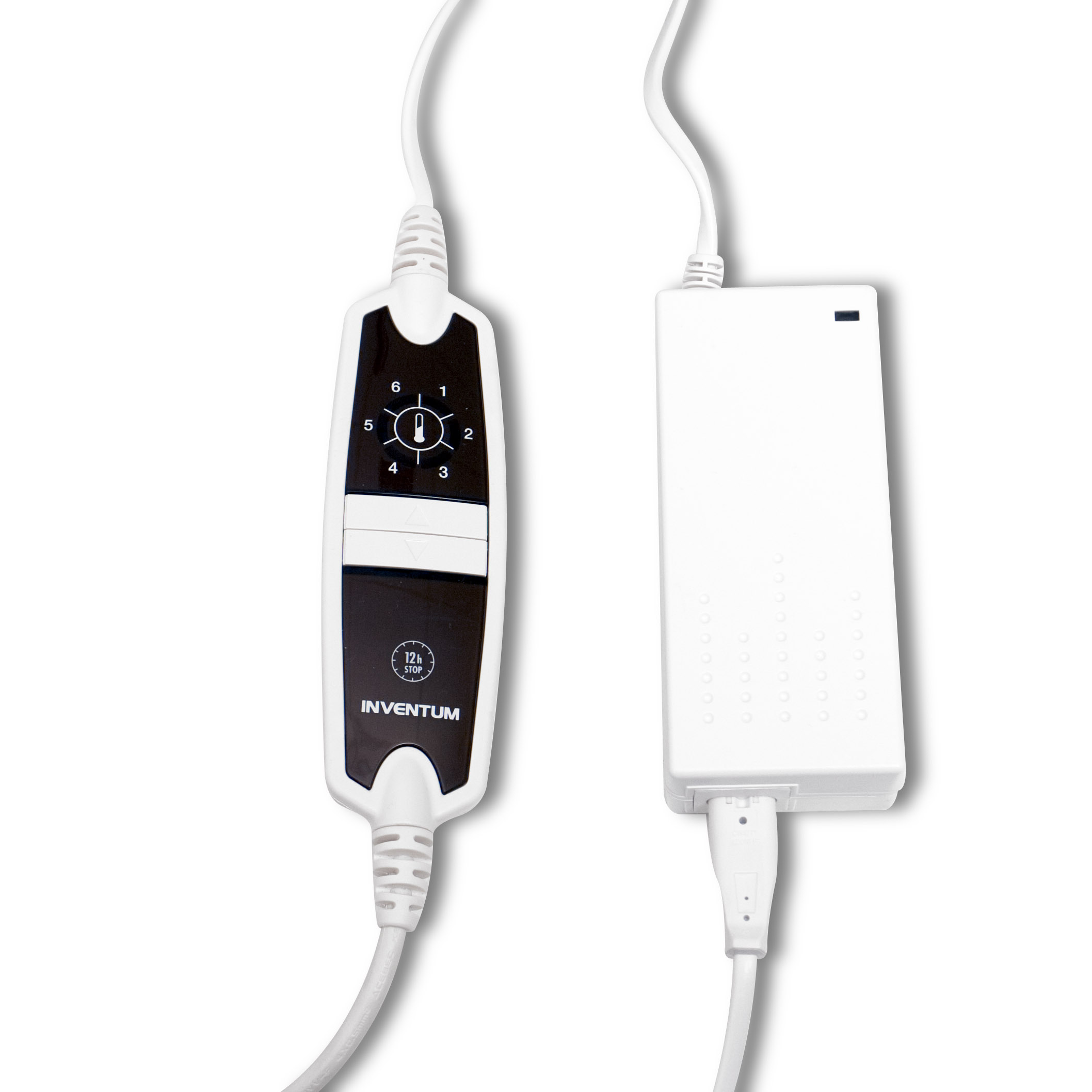 A white controller with a dial and a white power adapter with cables.