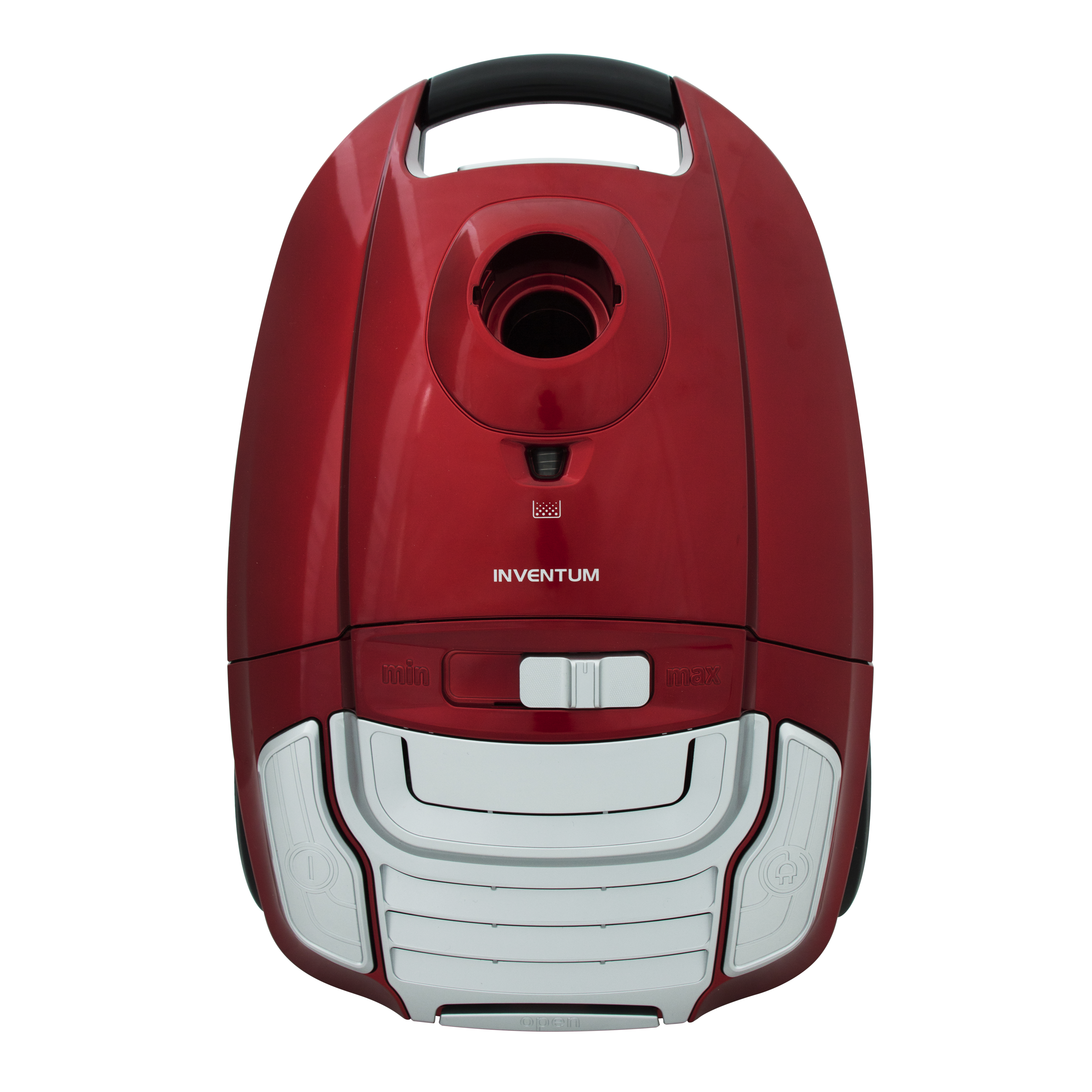 A red vacuum cleaner with a white slider and black handle.