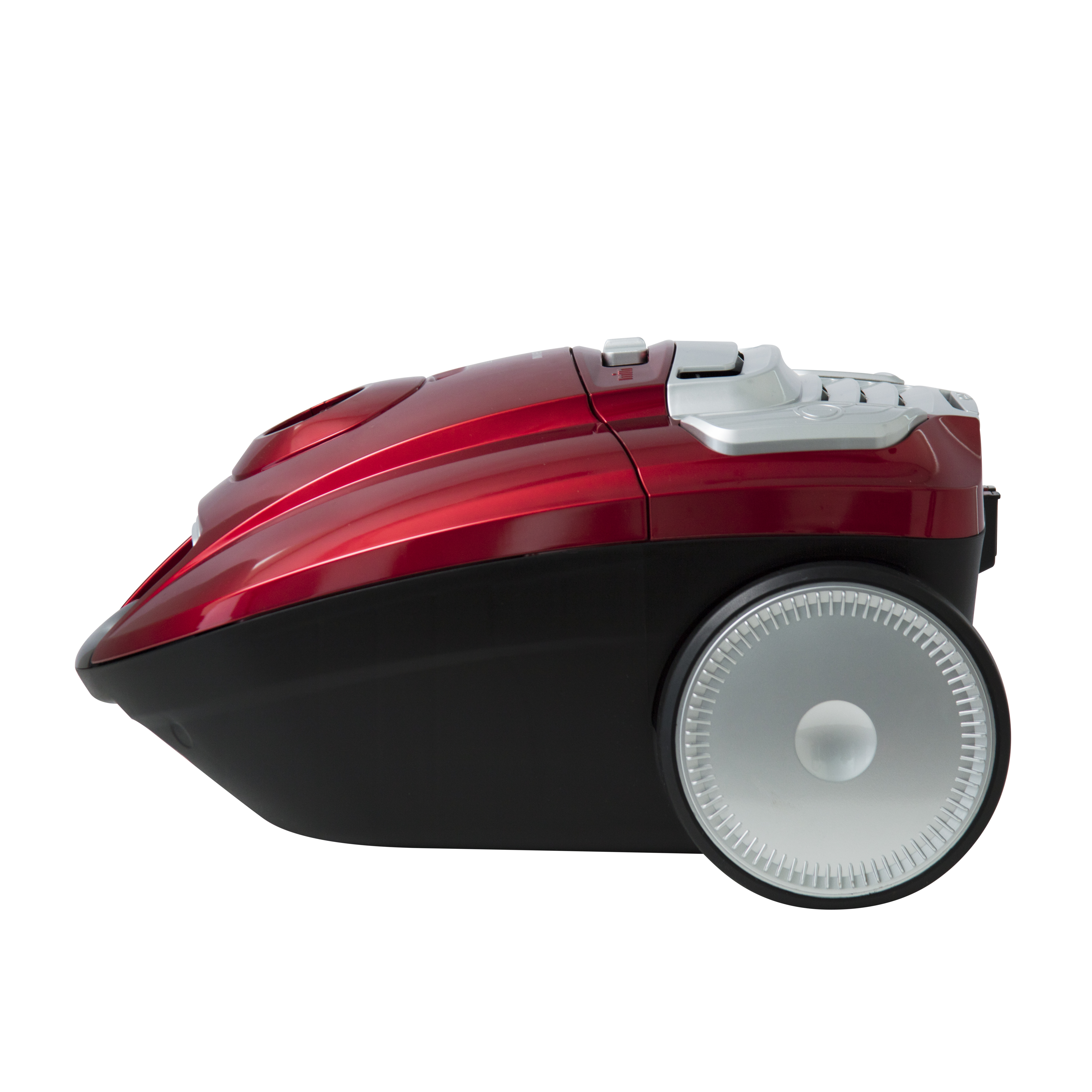 A red and black vacuum cleaner with silver accents and wheels.