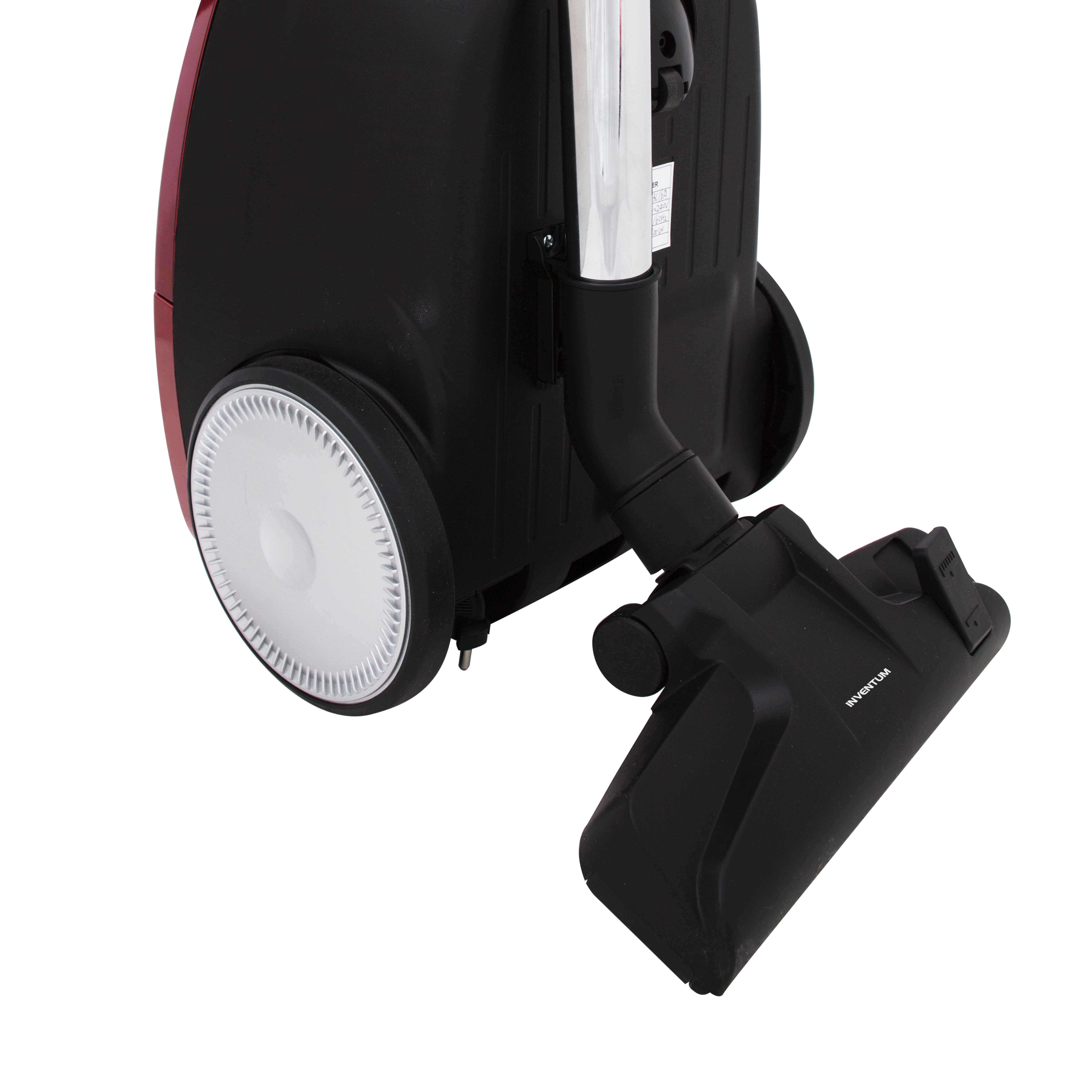 A red and black vacuum cleaner with a floor brush and hose, on a white background.