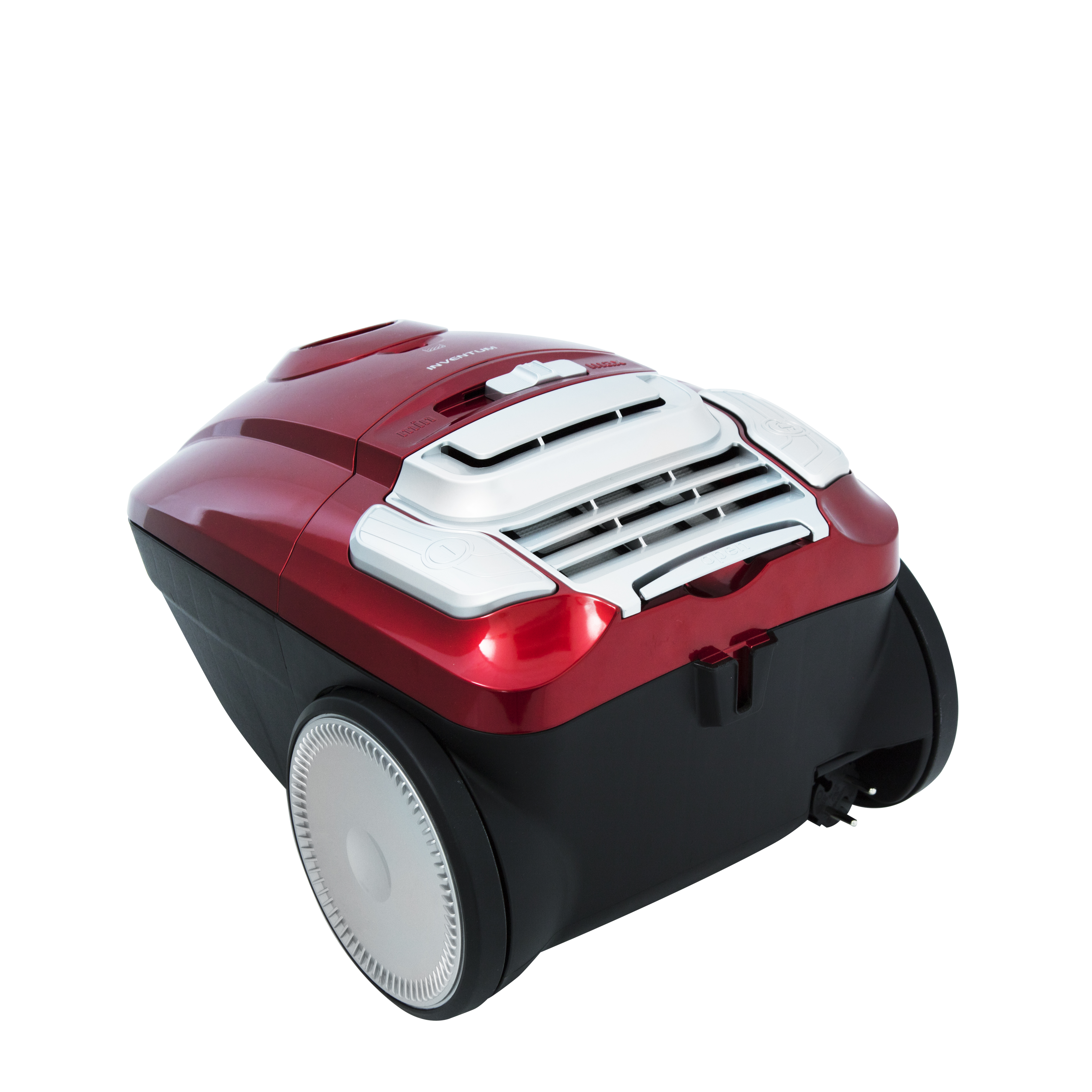 A red and black vacuum cleaner with silver accents and wheels.