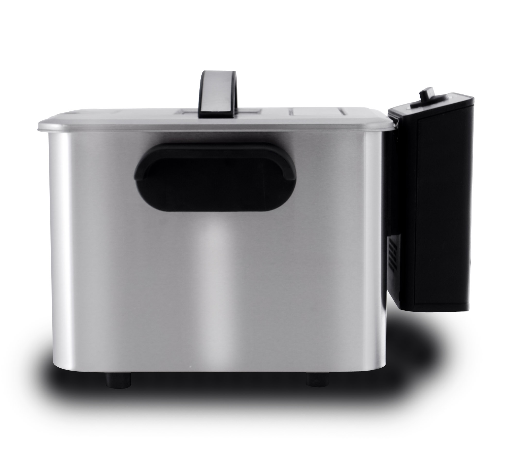 Silver deep fryer with black handle and control panel.