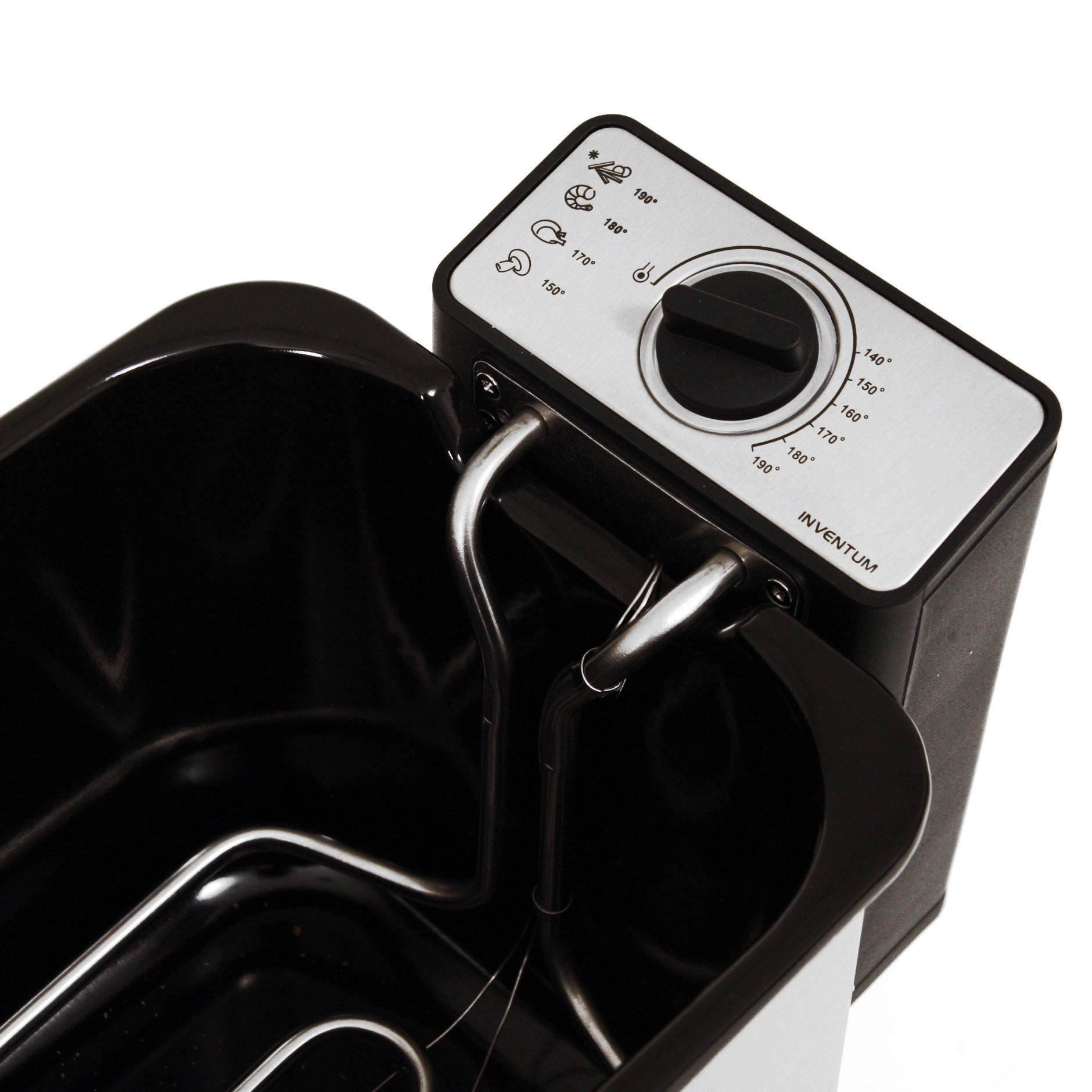 A black deep fryer basket with a silver control panel and temperature dial.