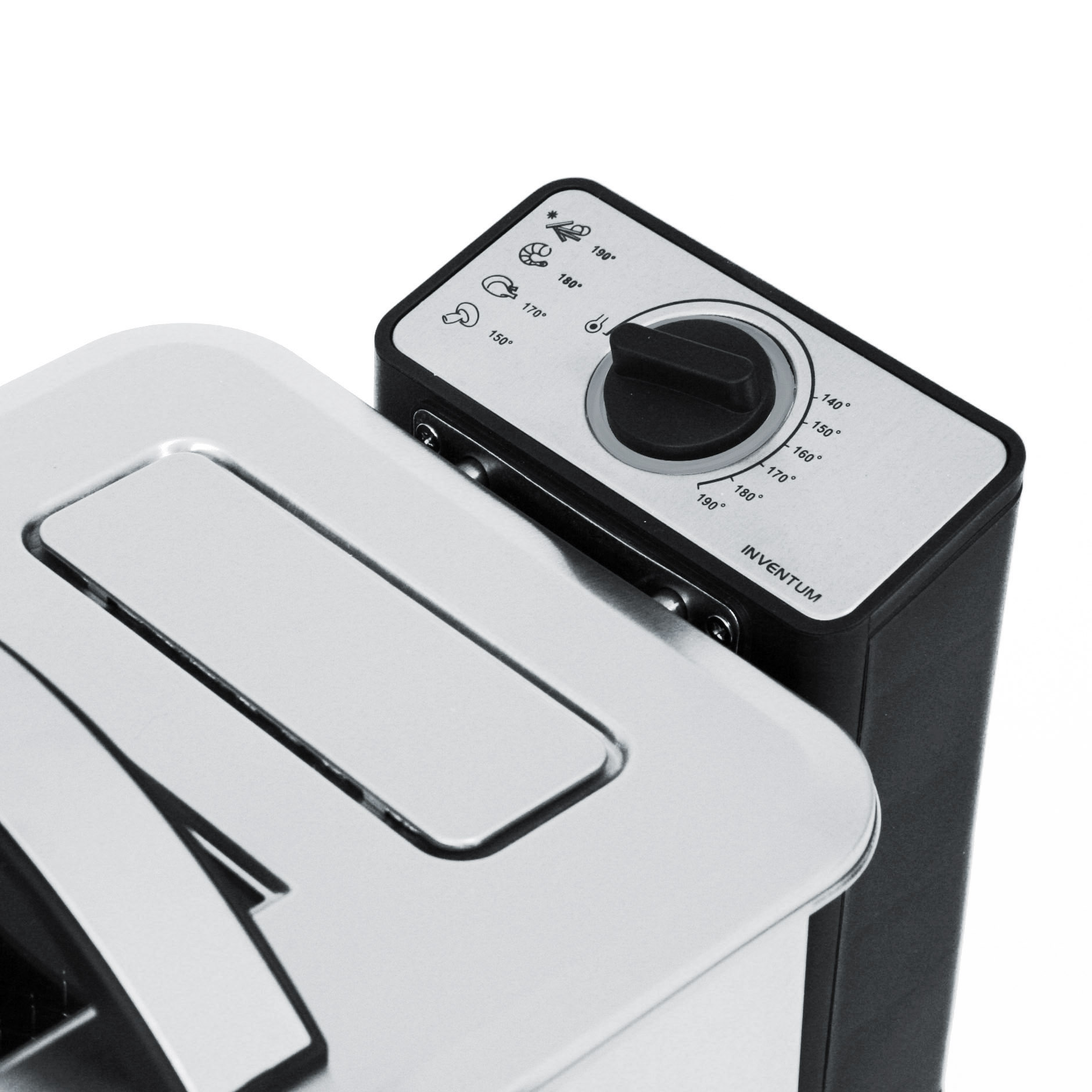 Close-up of a deep fryer with temperature settings from 150-190 degrees.
